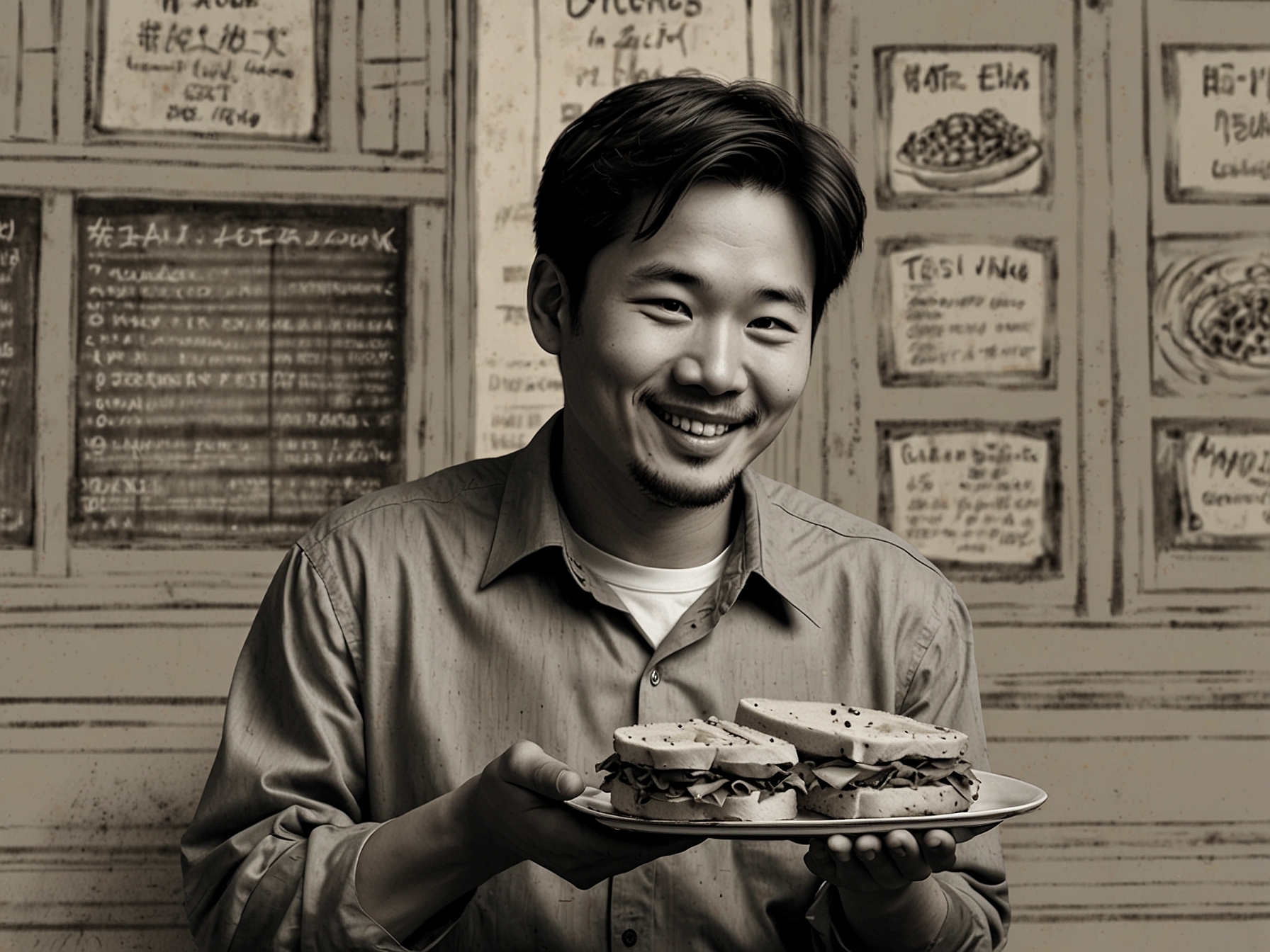 Owen Han showcasing one of his signature sandwiches, blending Italian and Chinese culinary traditions.