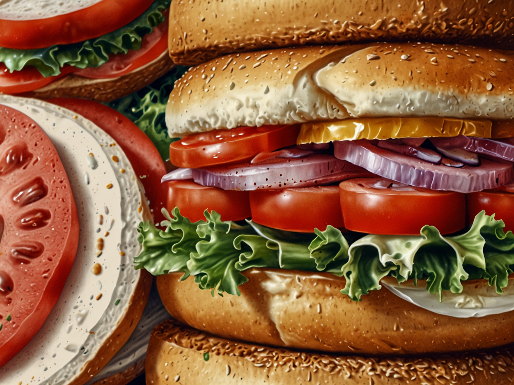 A close-up of a mouth-watering sandwich created by Owen Han, featuring vibrant and fresh ingredients.