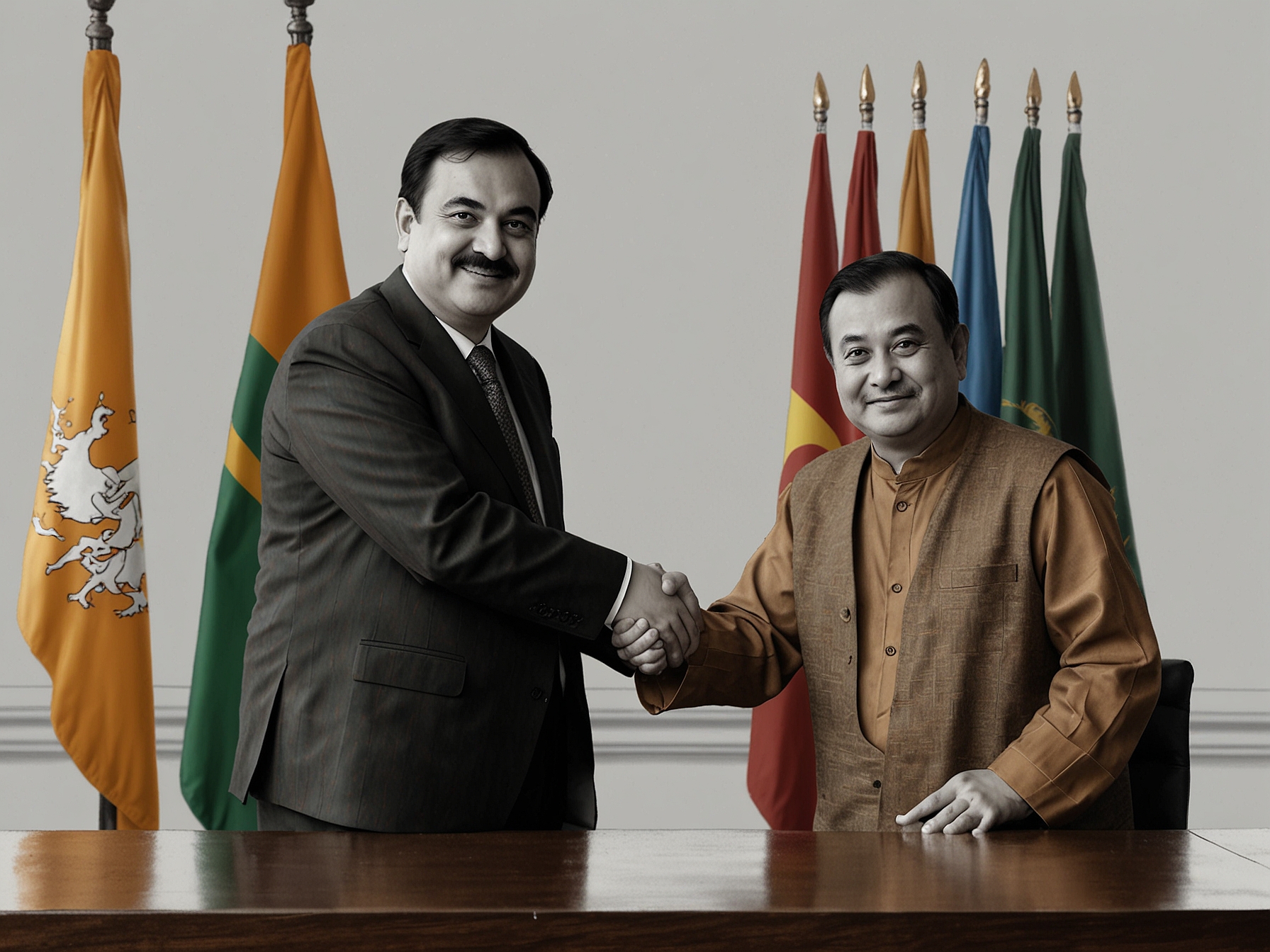 Image of Gautam Adani and Bhutan PM Tshering Tobgay shaking hands during the MoU signing ceremony.