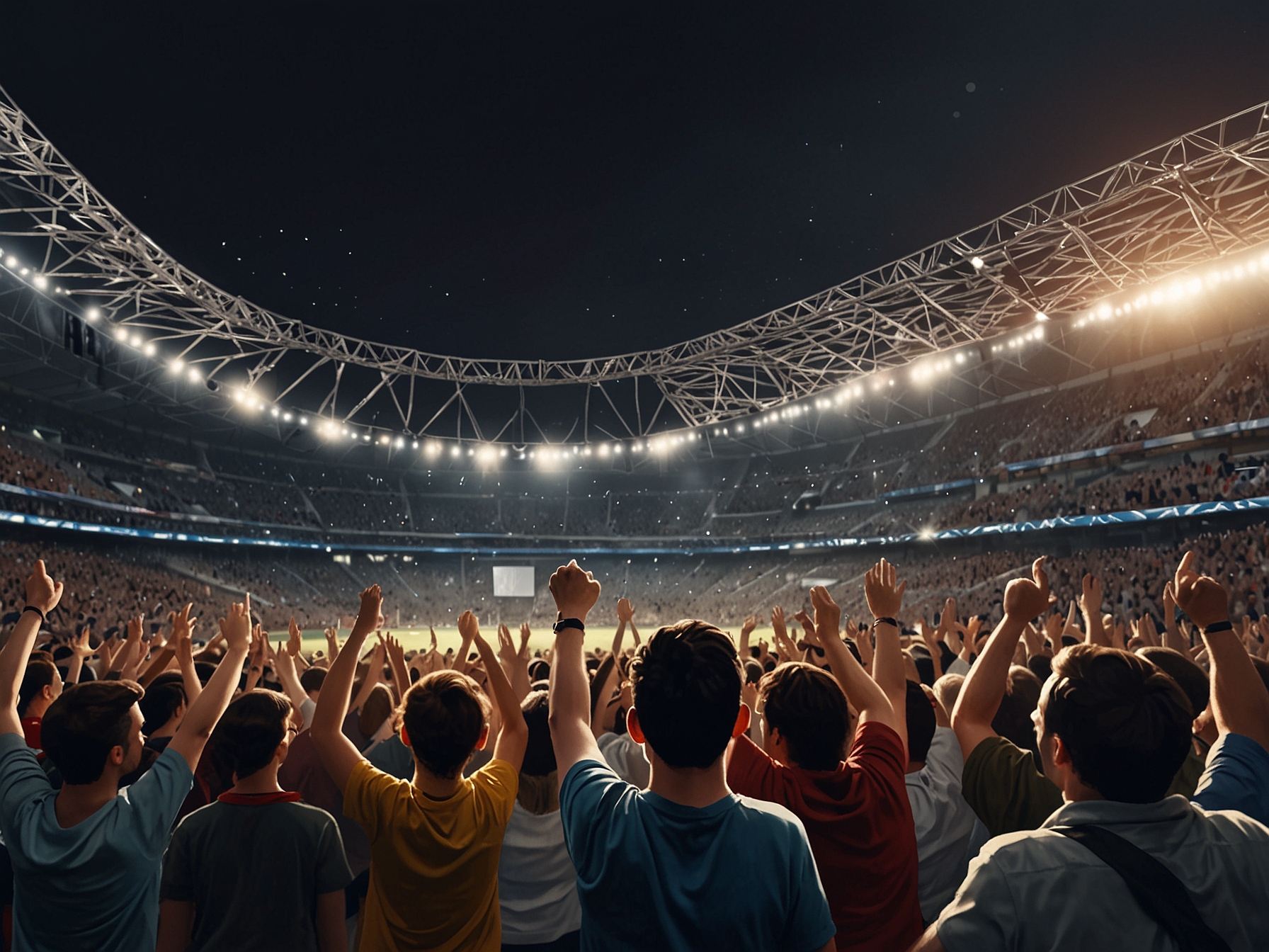 Crowd of fans cheering and enjoying performances at Wembley Stadium, London.