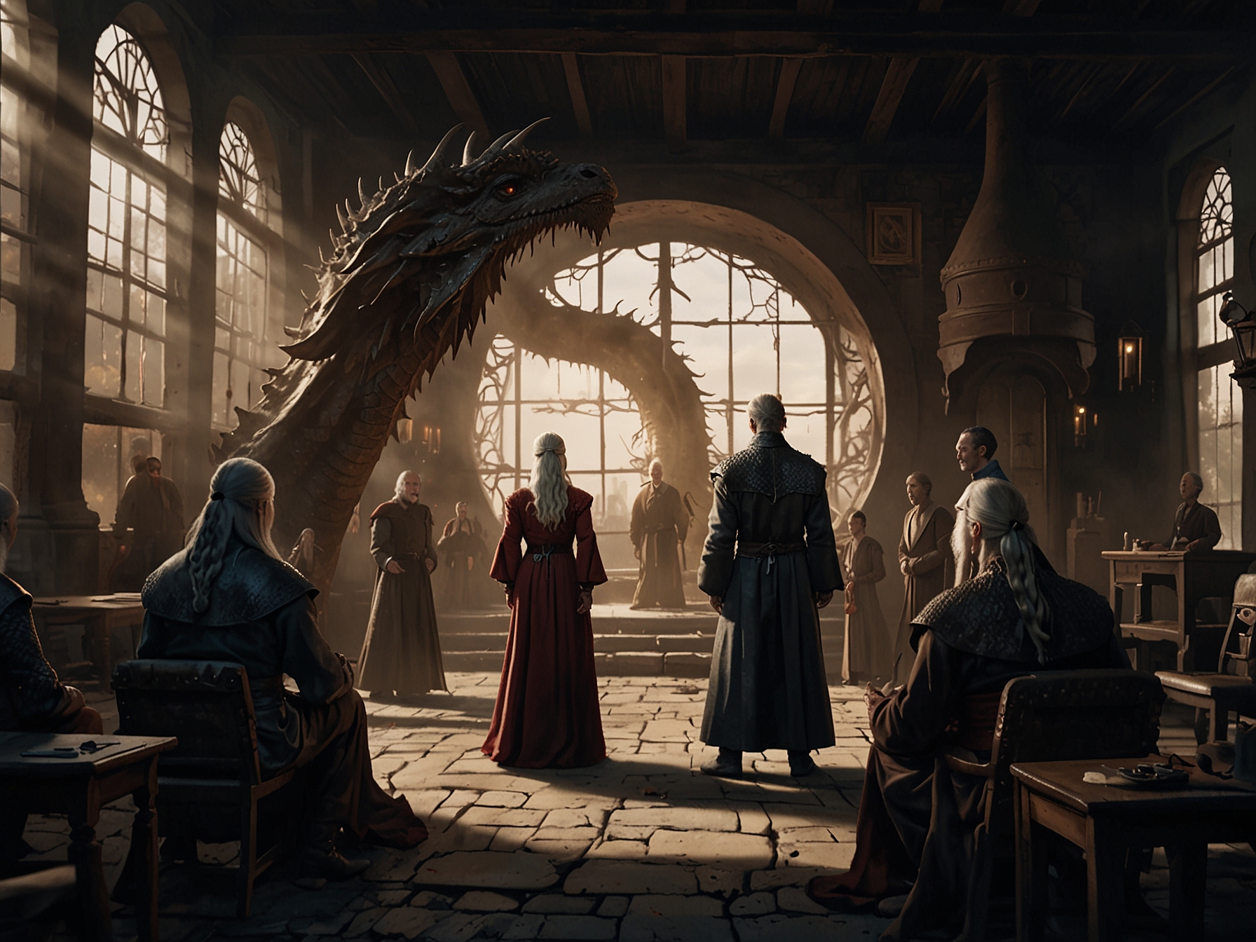 A dramatic scene showcasing key characters from House of the Dragon Season 2, Episode 1.