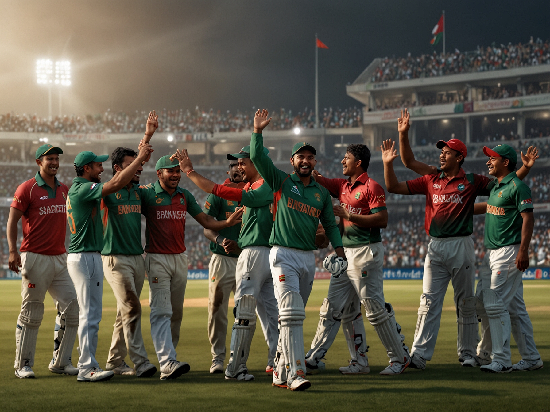 Bangladesh cricket team celebrating their victory on the field after winning against Nepal.