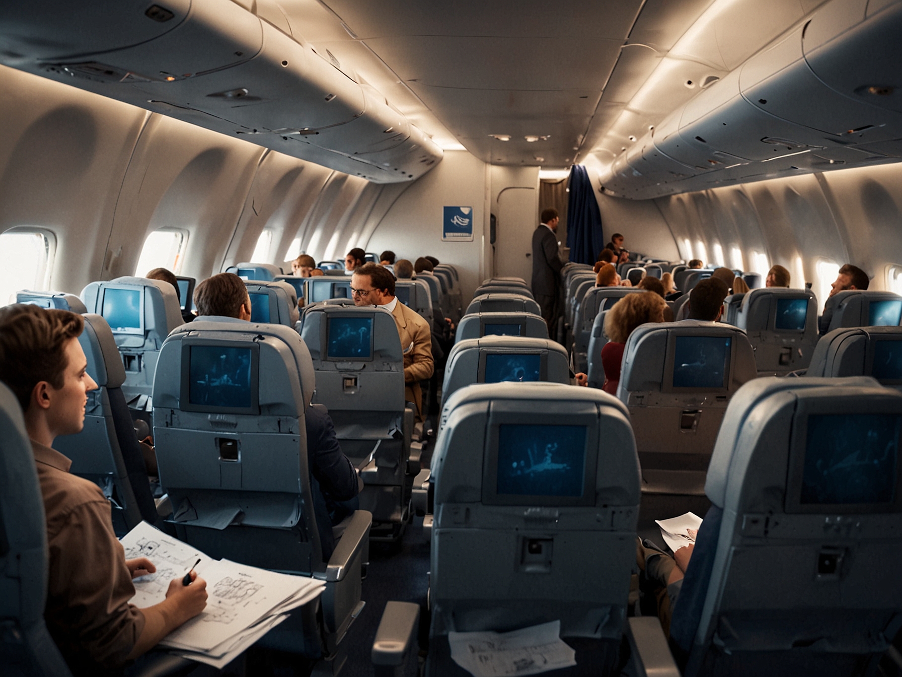 A packed United Airlines flight cabin with passengers seated, some watching in-flight entertainment screens.