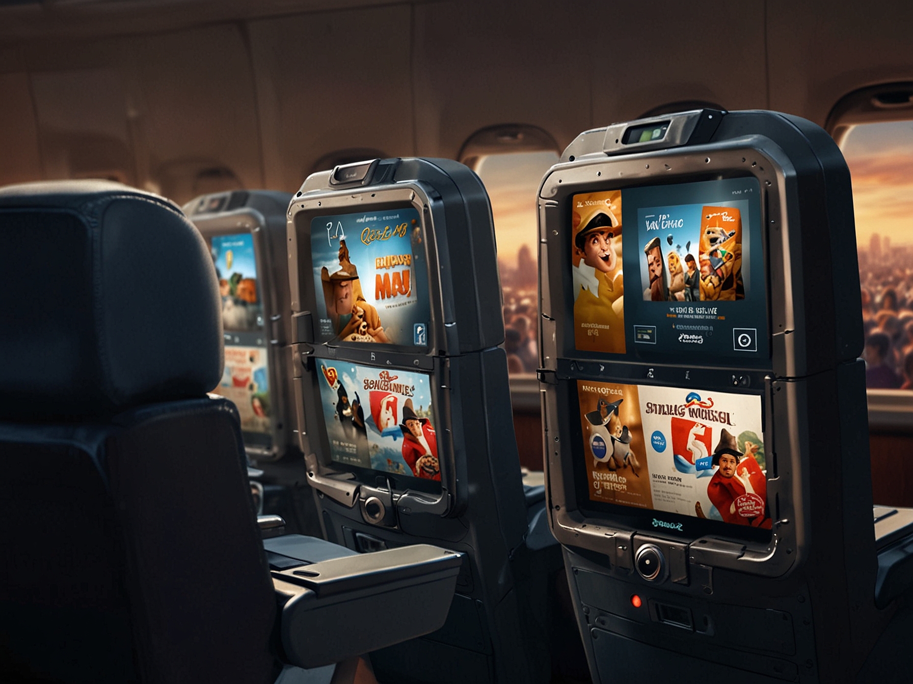 A close-up of an in-flight entertainment screen displaying targeted ads alongside the movie selection.