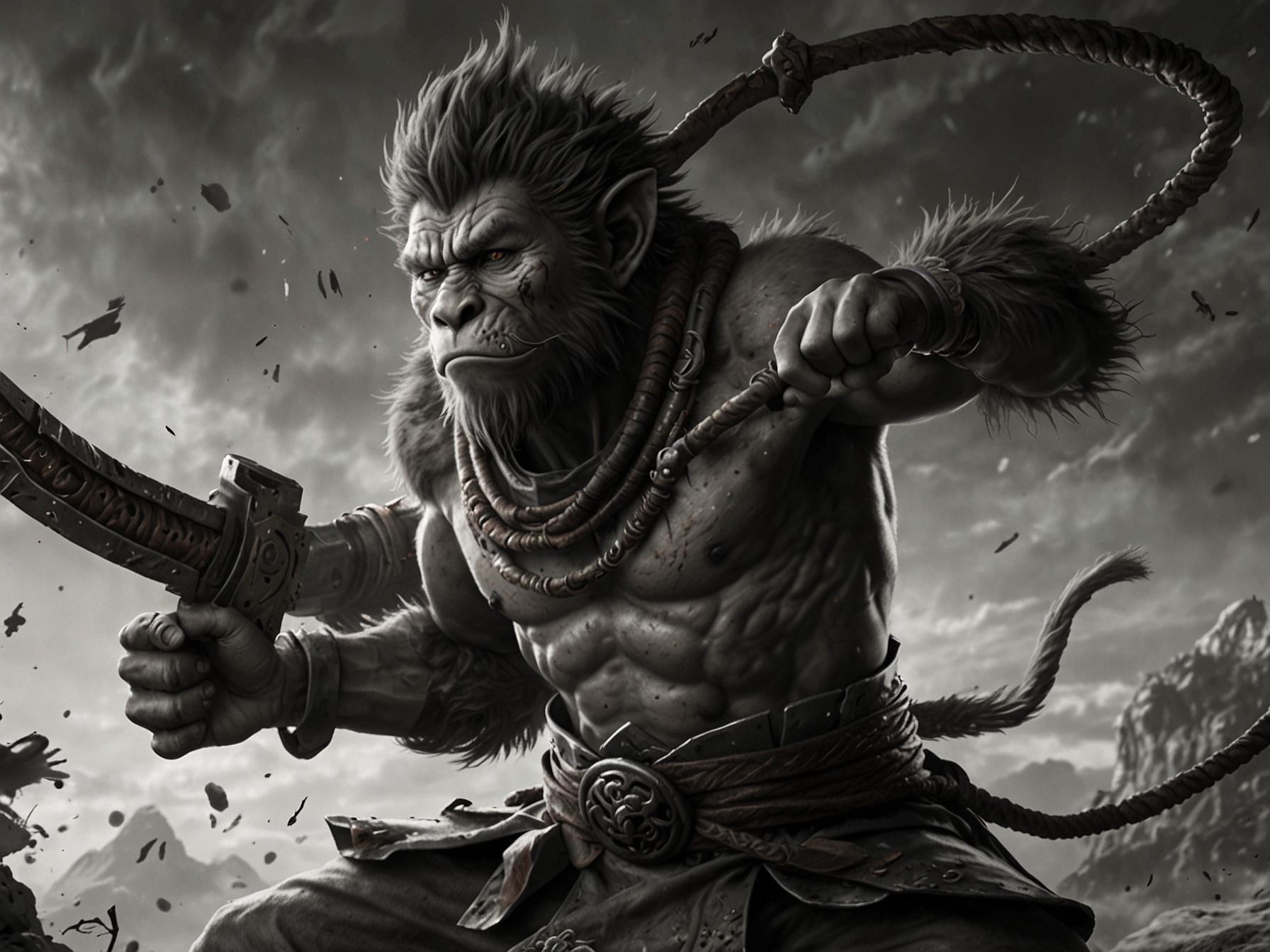 A detailed shot of Wukong in combat, demonstrating the game's fast-paced and complex combat mechanics.