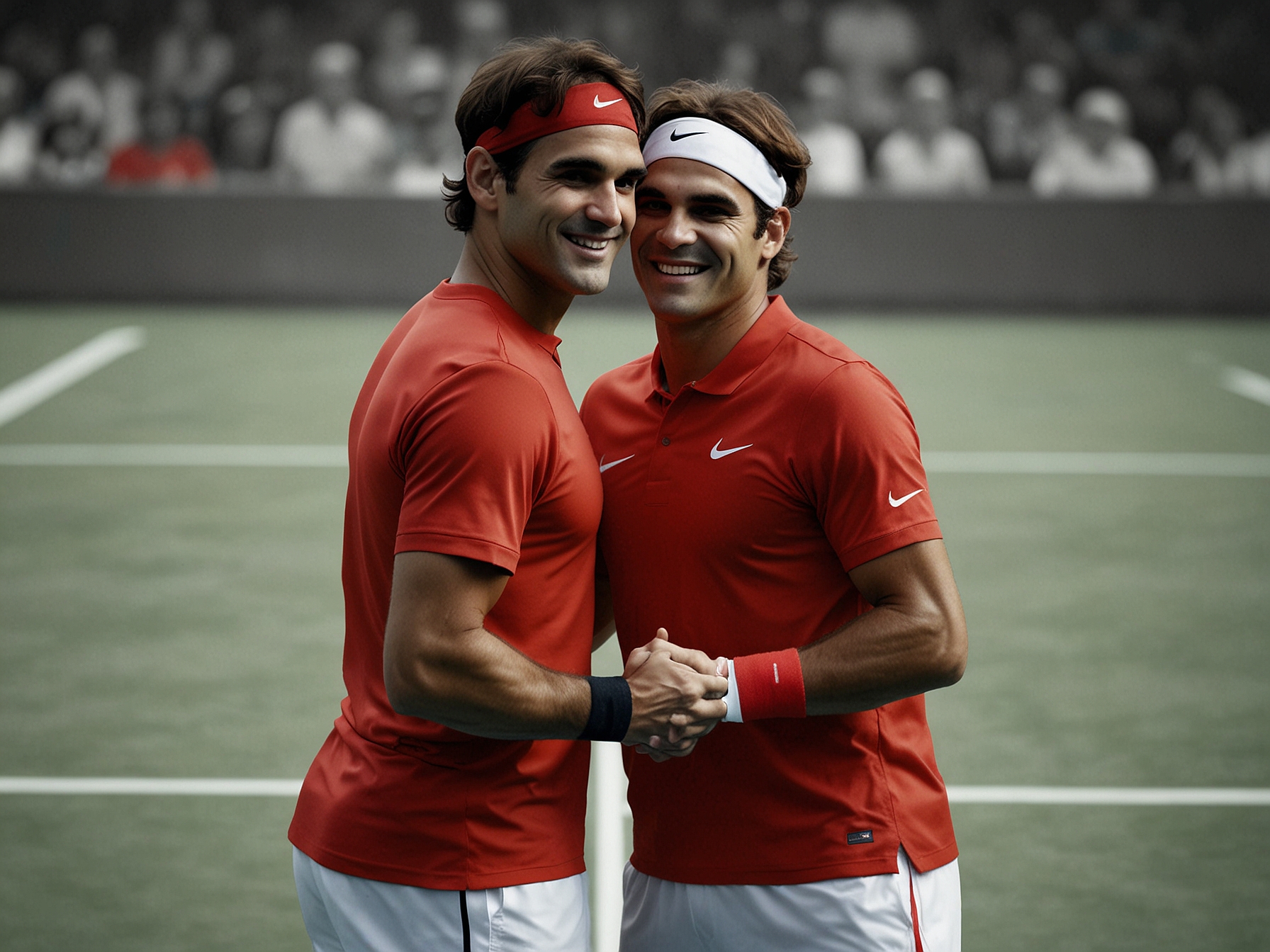 Roger Federer and Rafael Nadal sharing a moment during a tennis match, showcasing their famous rivalry.