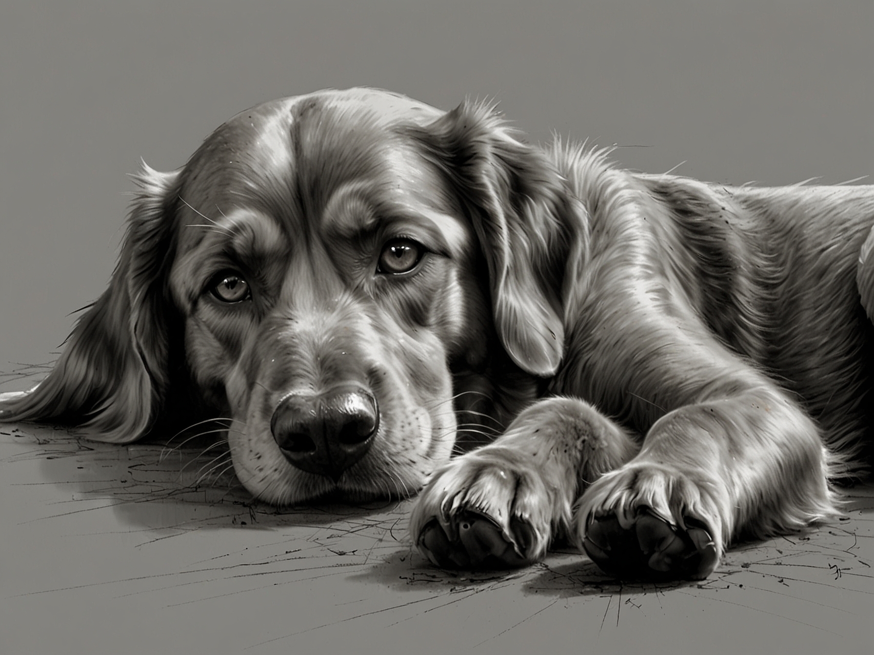 A dog with a sad expression lying down, illustrating lethargy or energy loss due to pain.