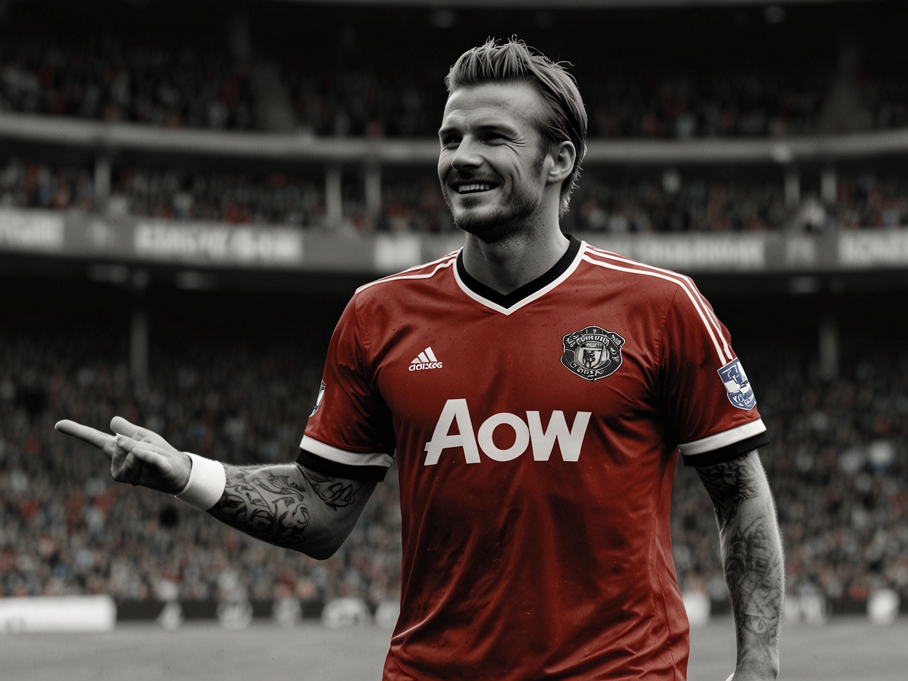 David Beckham in a Manchester United jersey, celebrating a goal at Old Trafford.