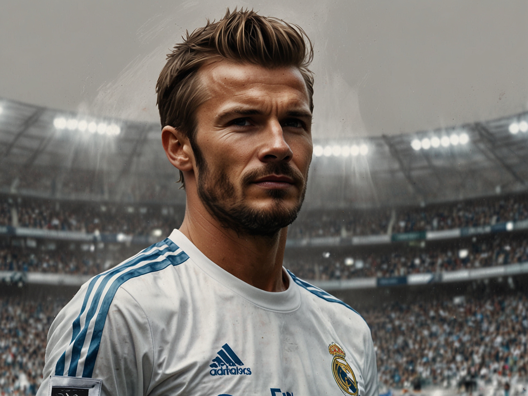 Real Madrid unveiling David Beckham in their iconic white jersey at Santiago Bernabeu.