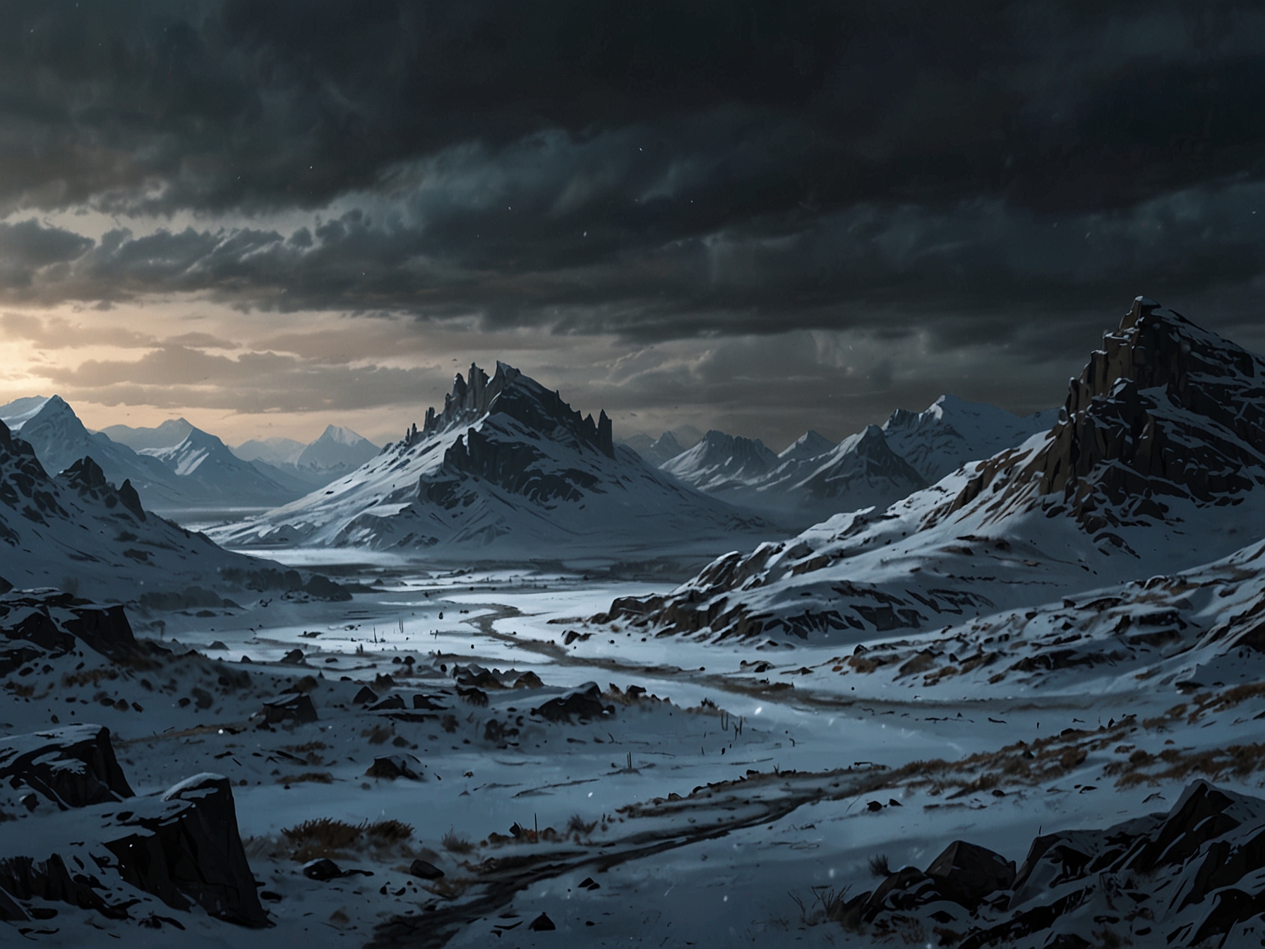 A panoramic shot of the icy and foreboding landscape of Westeros, setting the stage for the narrative.