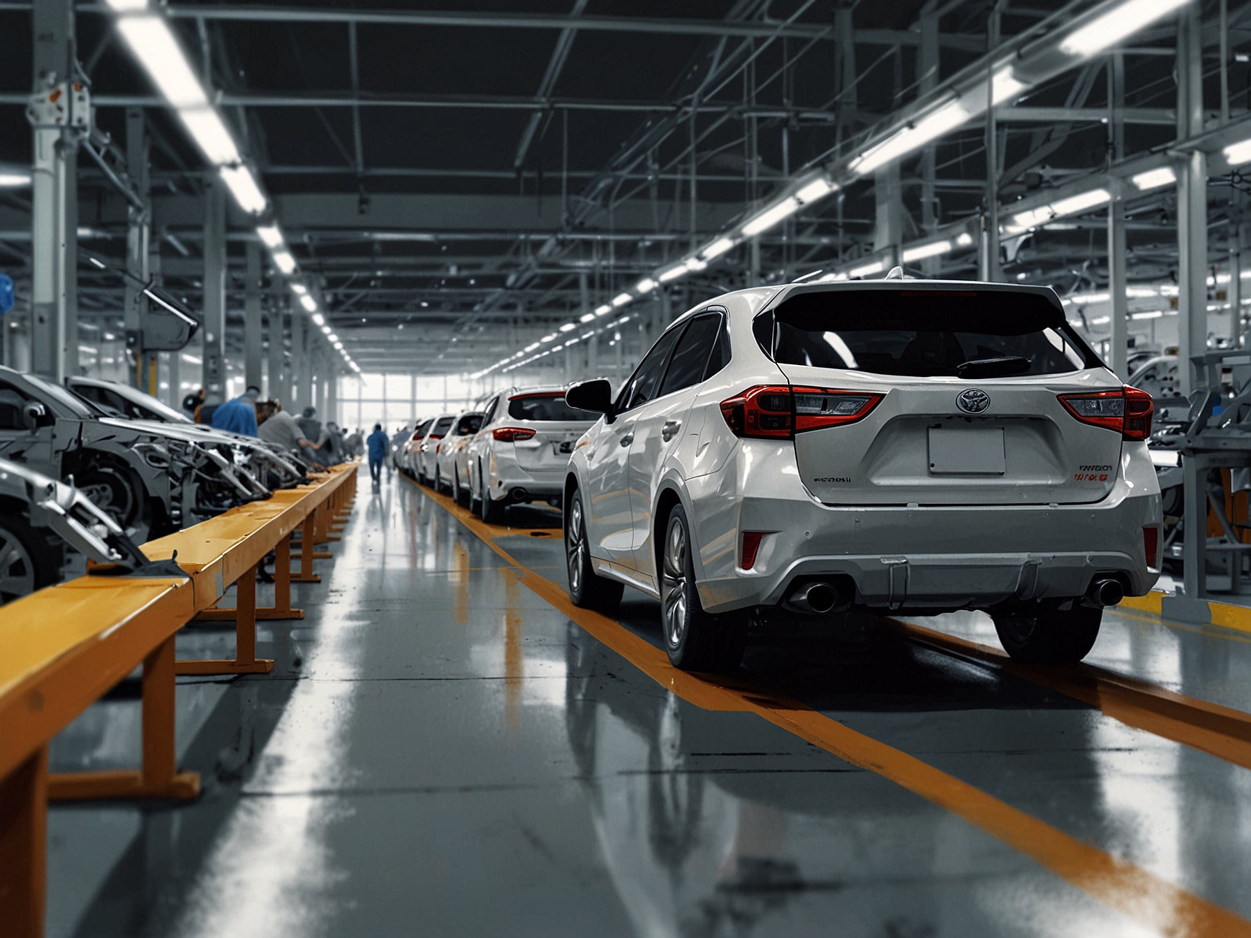 An image of a Toyota production line where various car models are being assembled.