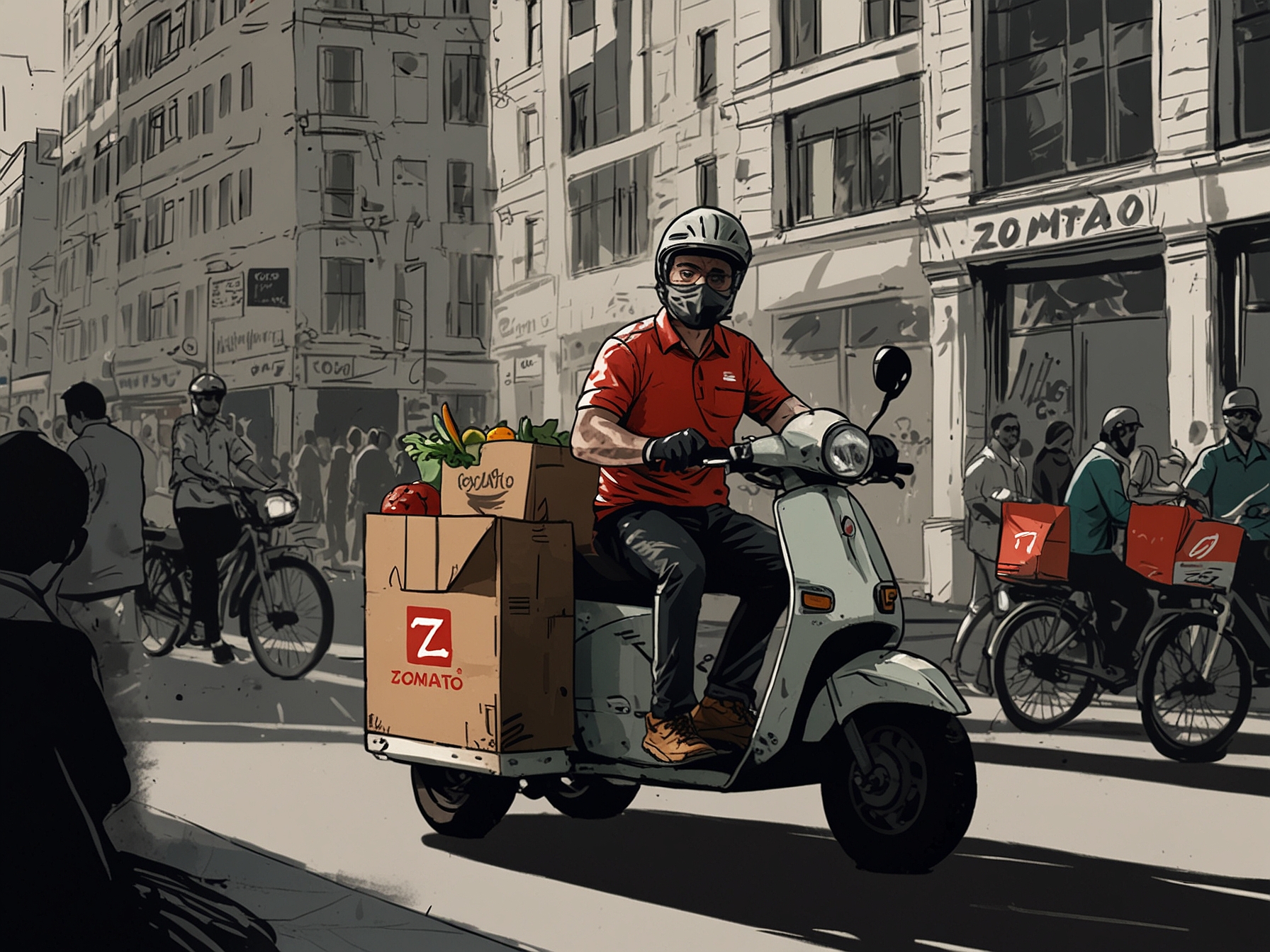An image illustrating Zomato's diverse business operations including food delivery and events.