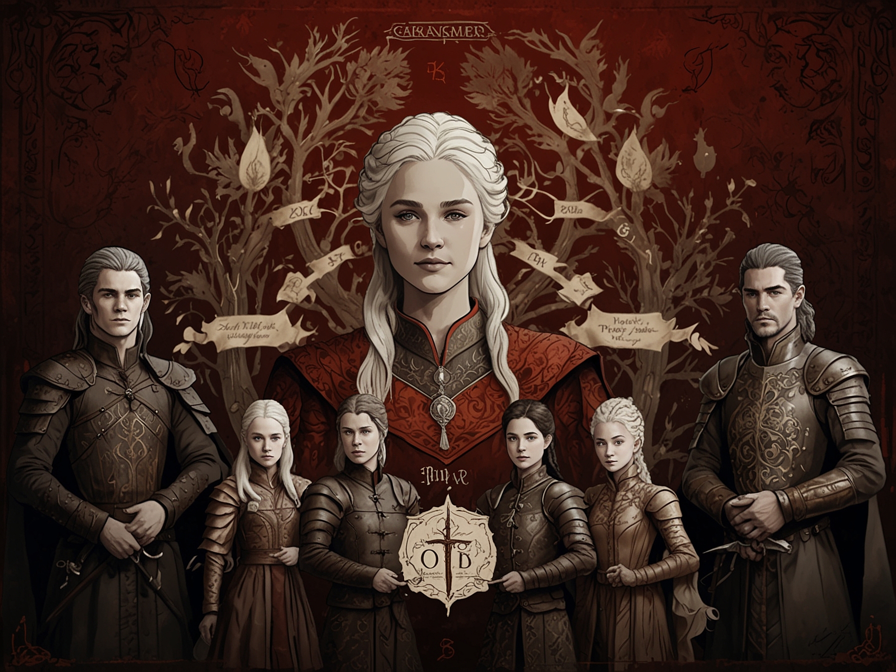 A detailed illustration of the Targaryen family tree in House of the Dragon, highlighting key members.