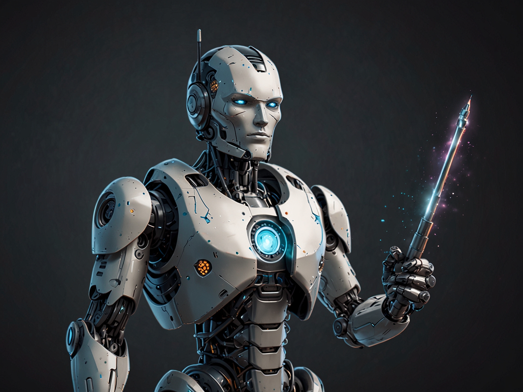 An illustration of an AI robot holding a magic wand, symbolizing the misconception that AI can solve all problems effortlessly.