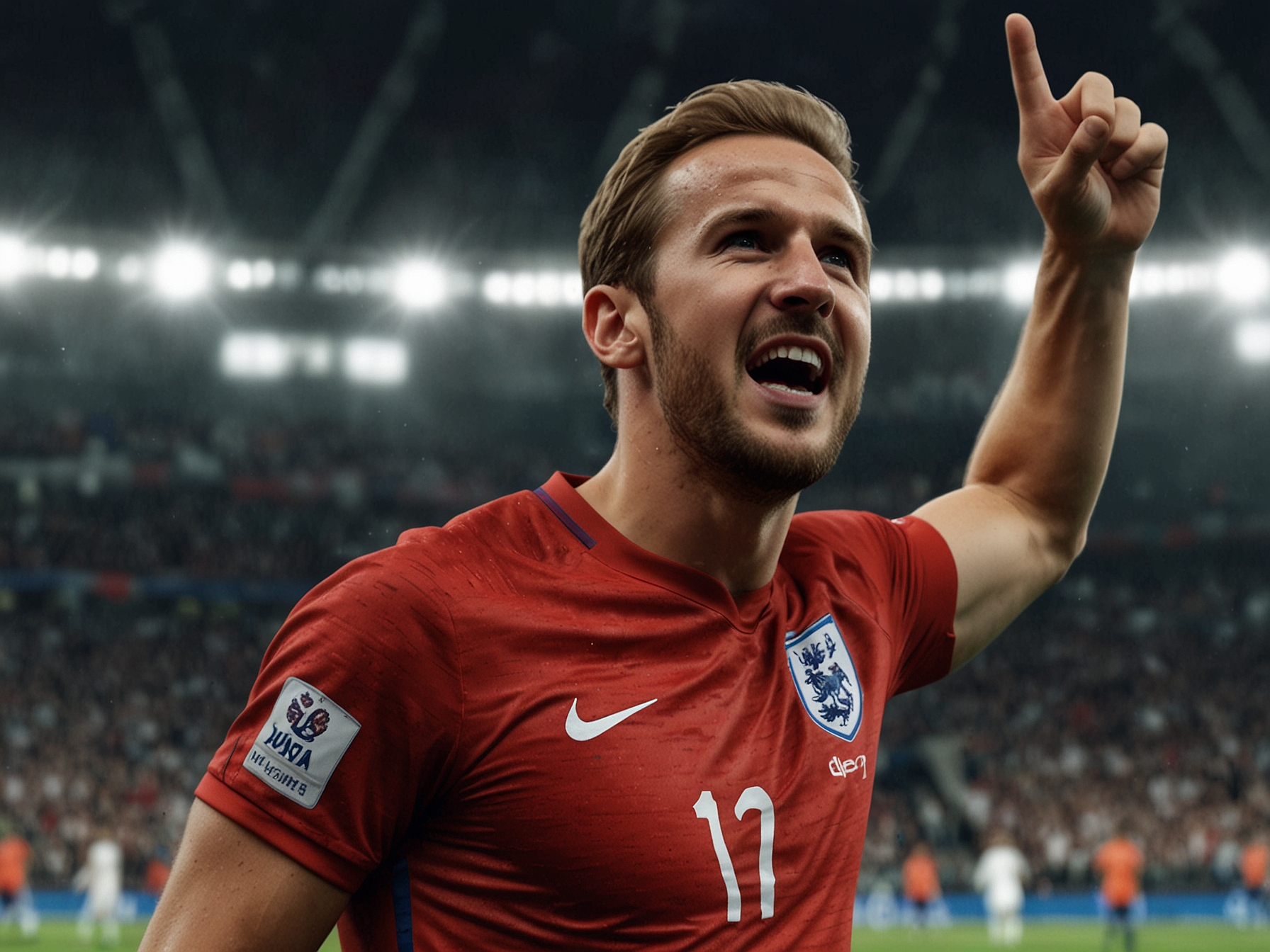 Harry Kane making a significant gesture while celebrating a goal during England's match against Serbia.