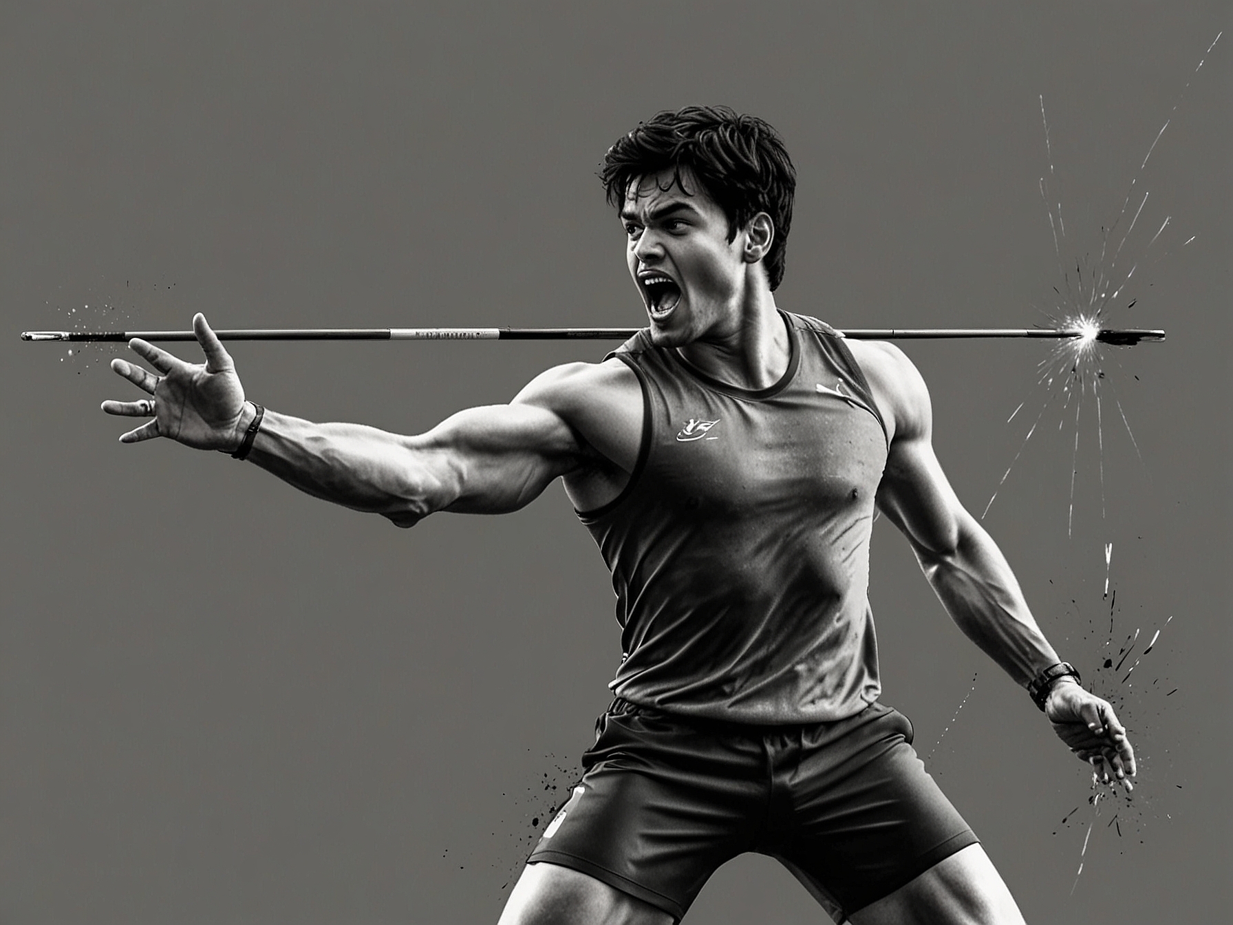 Neeraj Chopra throwing a javelin during a competitive event, showcasing his powerful technique.