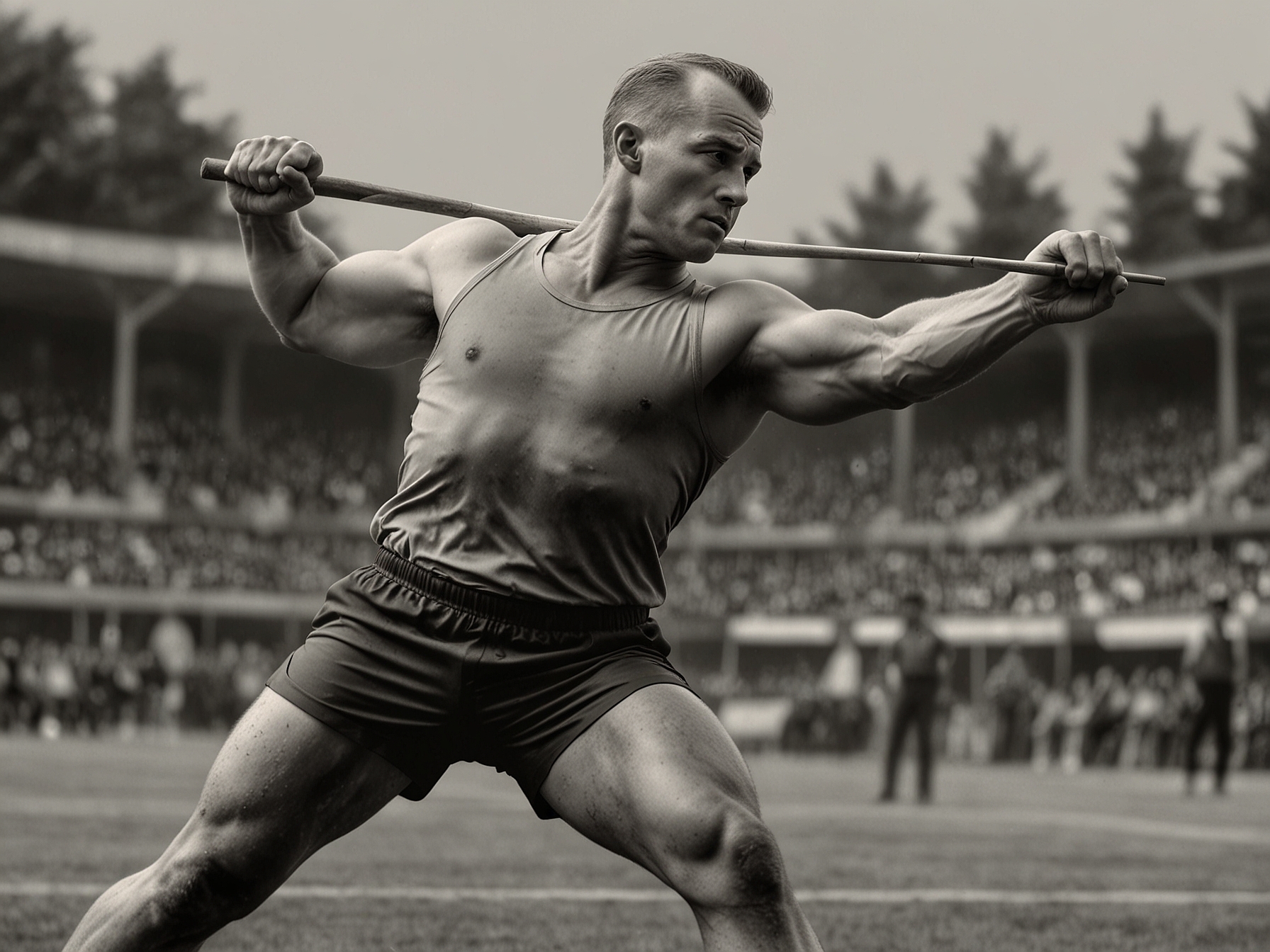 Max Dehning in action, preparing his throw during a javelin competition.