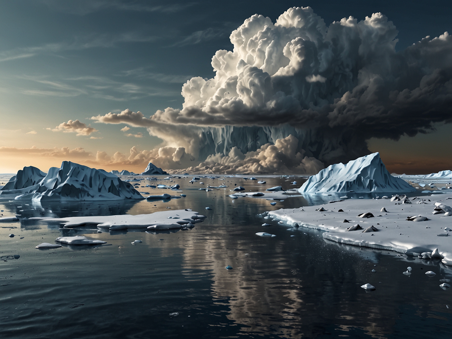 An image showing significant global warming effects like melting ice caps and rising sea levels.