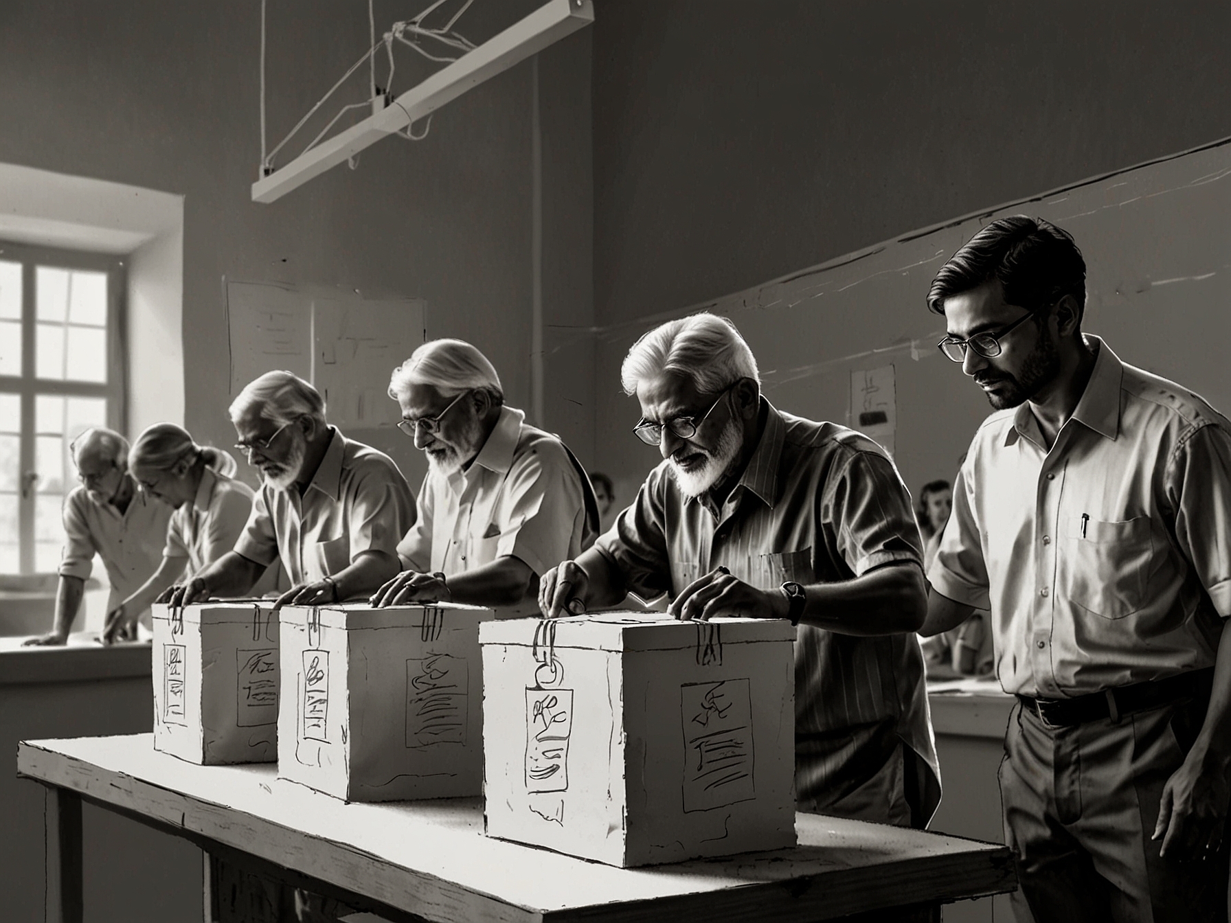 A diverse group of Indian voters casting their ballots at a polling station during the recent elections.