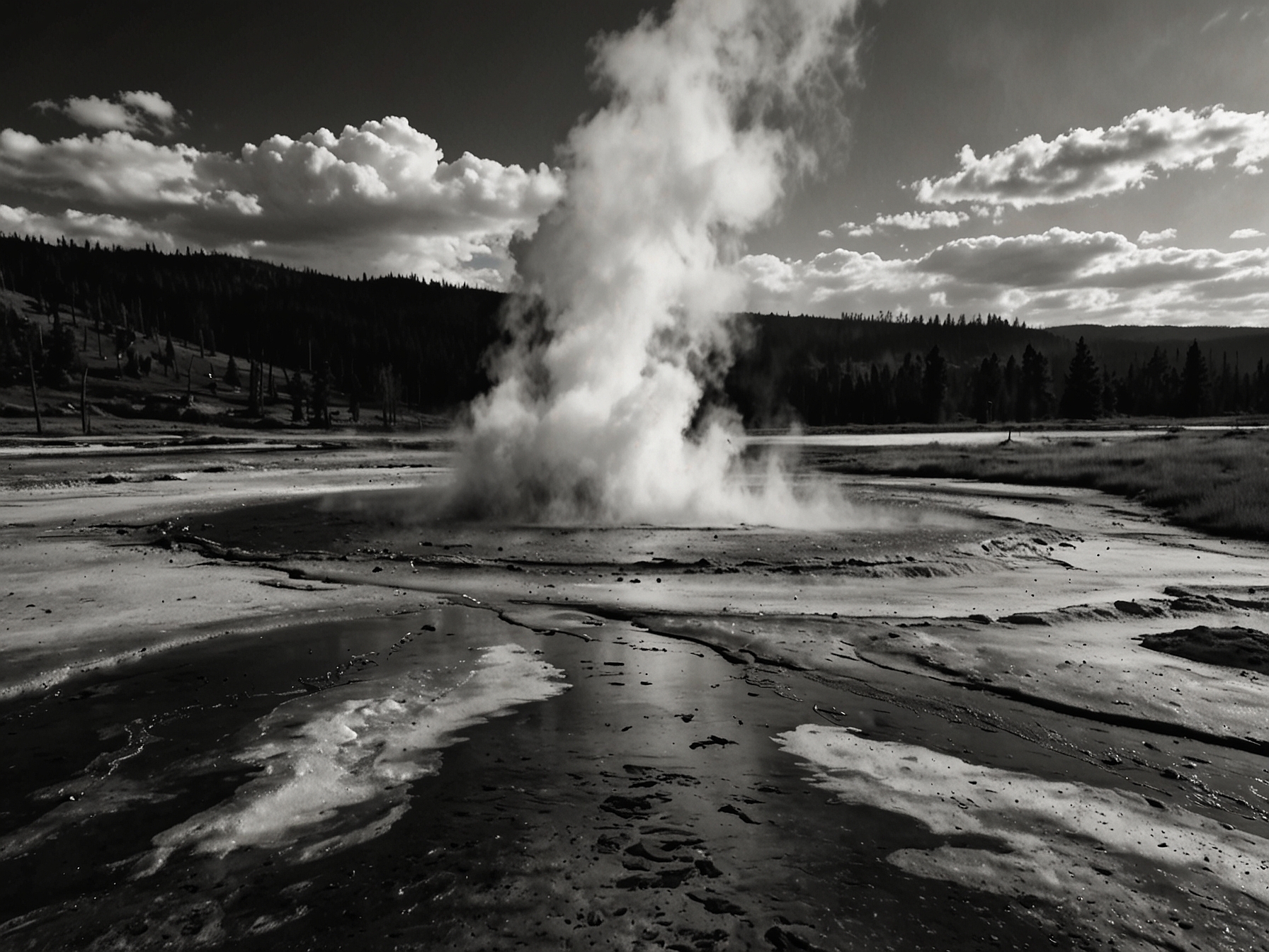A majestic view of Yellowstone National Park's geysers with steam rising into the air.