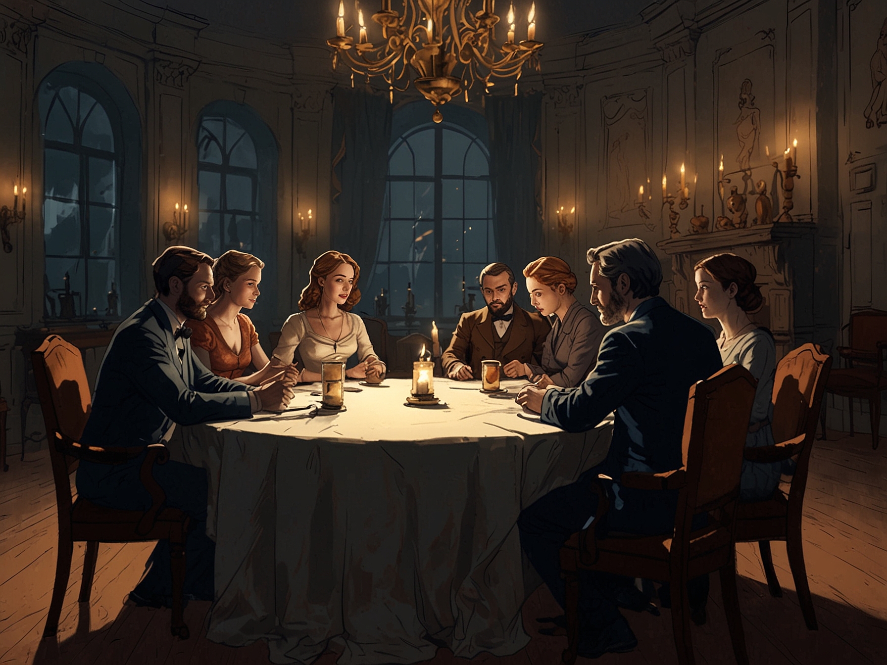 Scene indicating tension among main characters sitting around a grand table, illuminated by candlelight.
