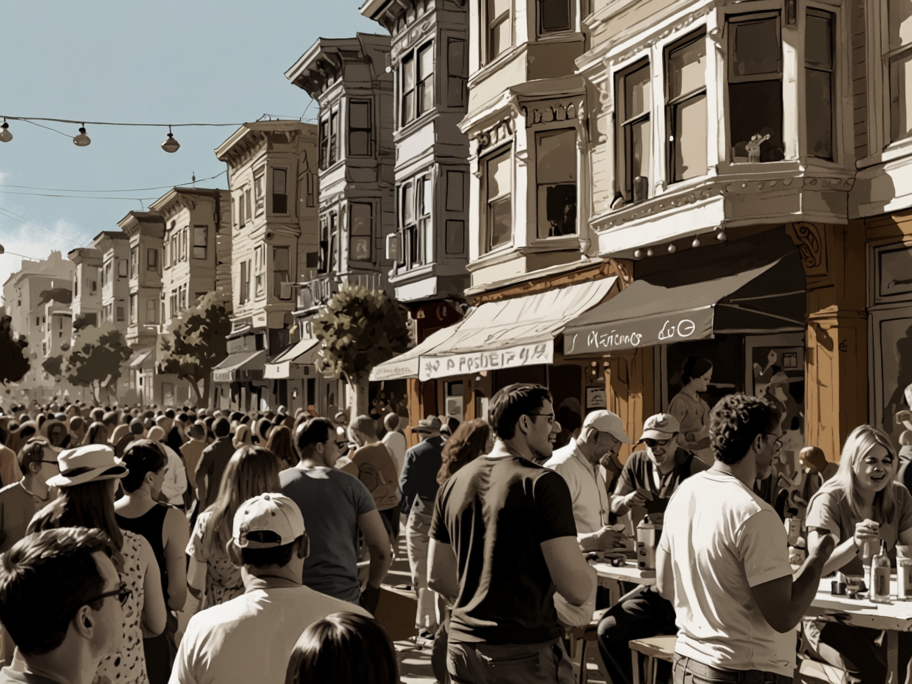 A bustling San Francisco street filled with people enjoying live music during the Porchfest event in the Mission District.
