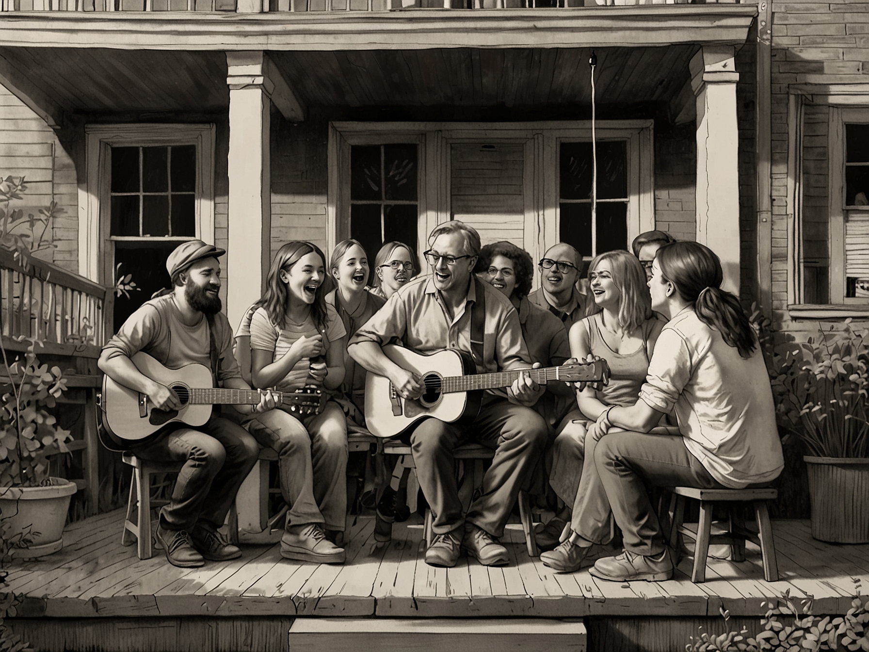 Local musicians performing on a porch while an enthusiastic crowd gathers around to enjoy the show.