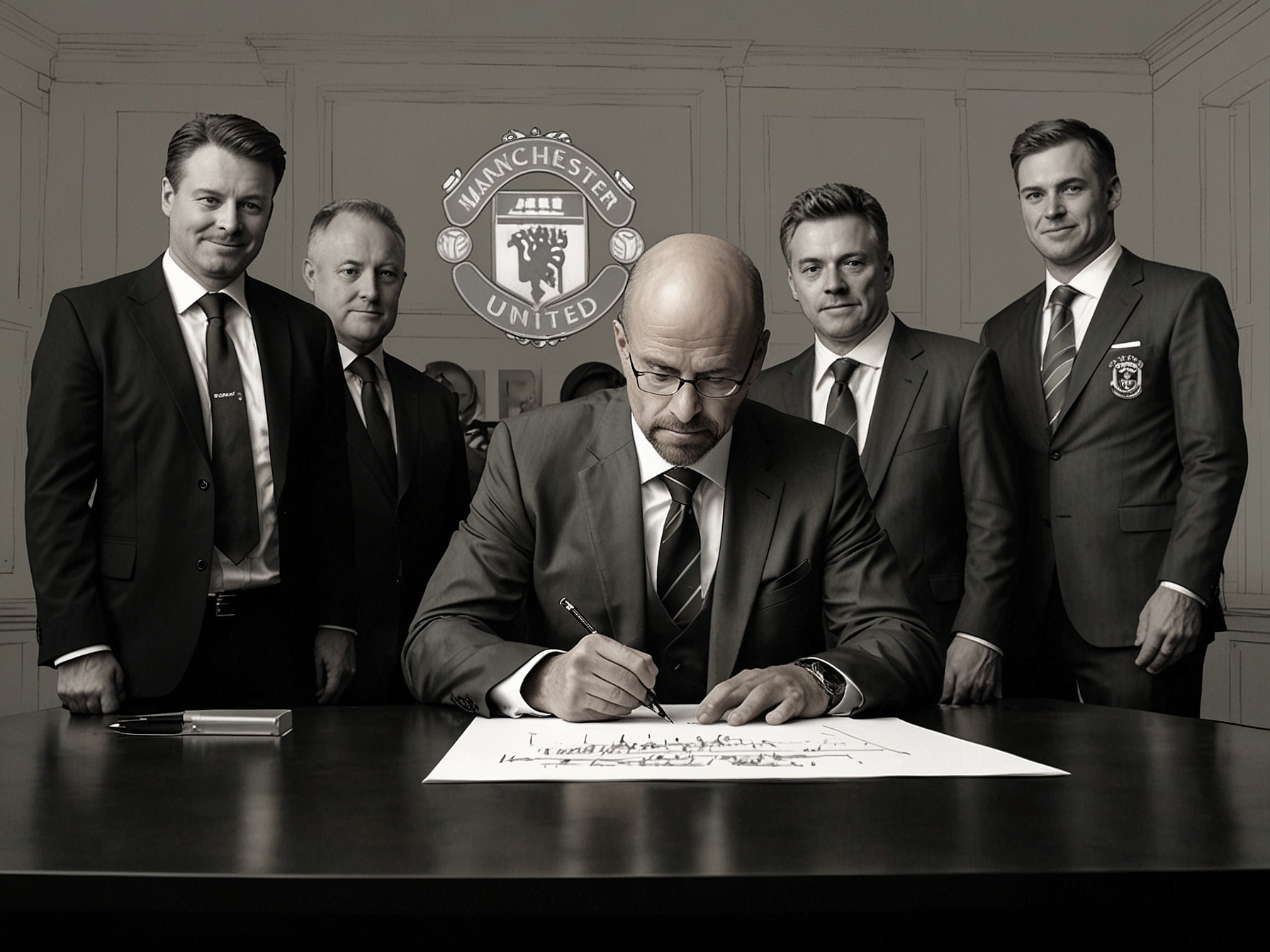 Erik ten Hag signing his Manchester United contract, with club officials in the background.