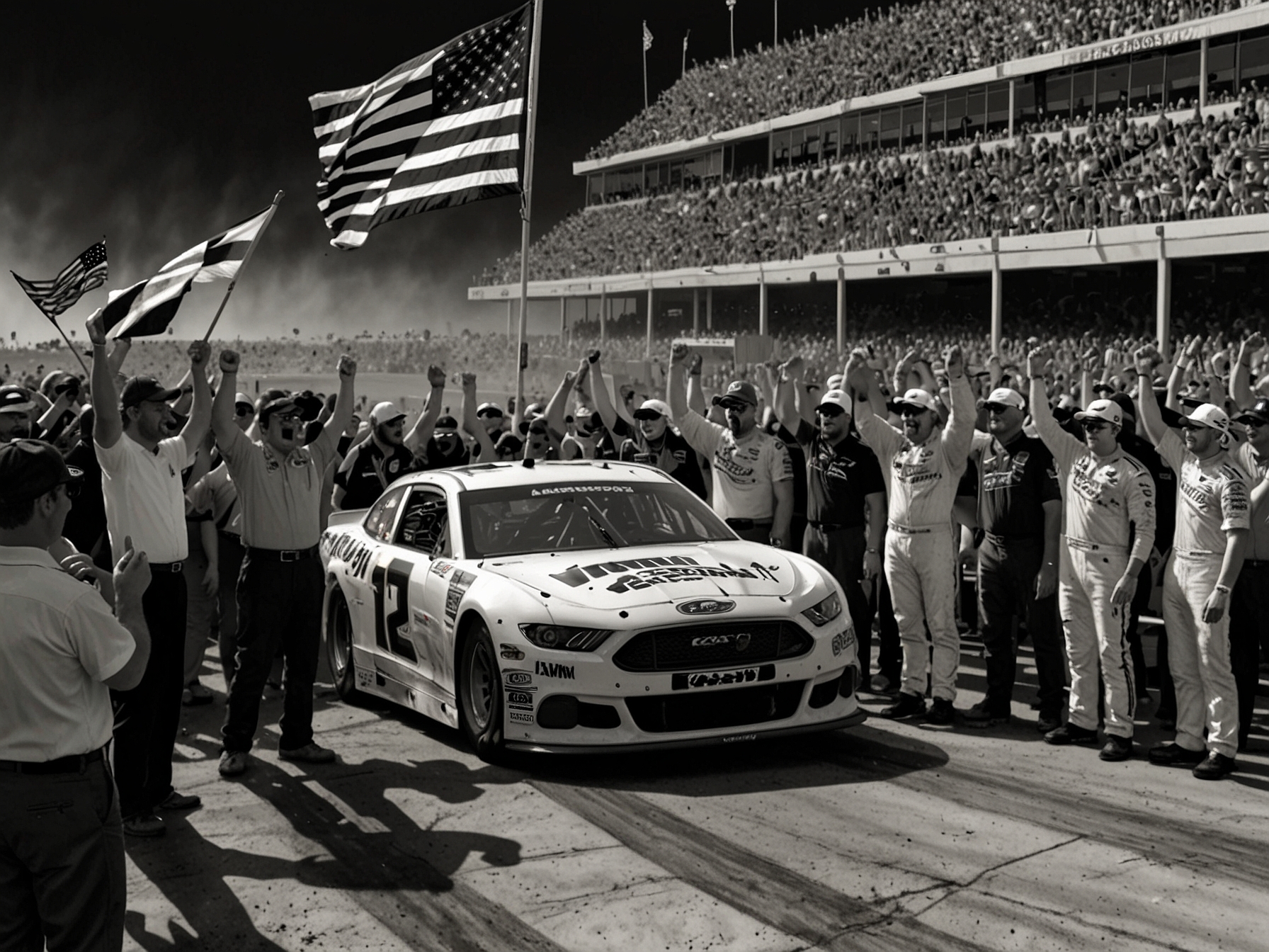 Ryan Blaney celebrates his victory at Iowa Speedway with a checkered flag and his team members surrounding him.