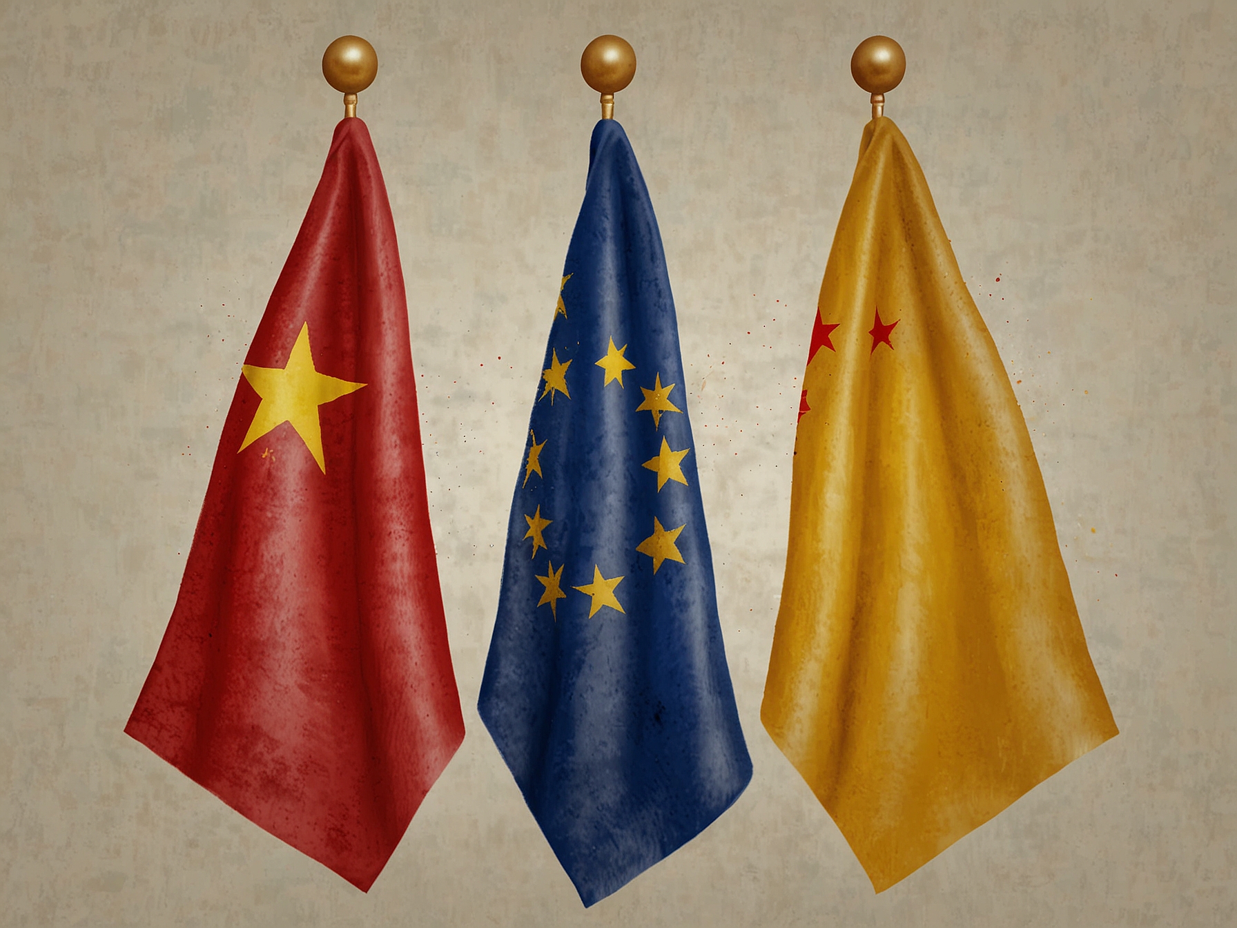 Illustration of China and European Union flags symbolizing trade tensions.