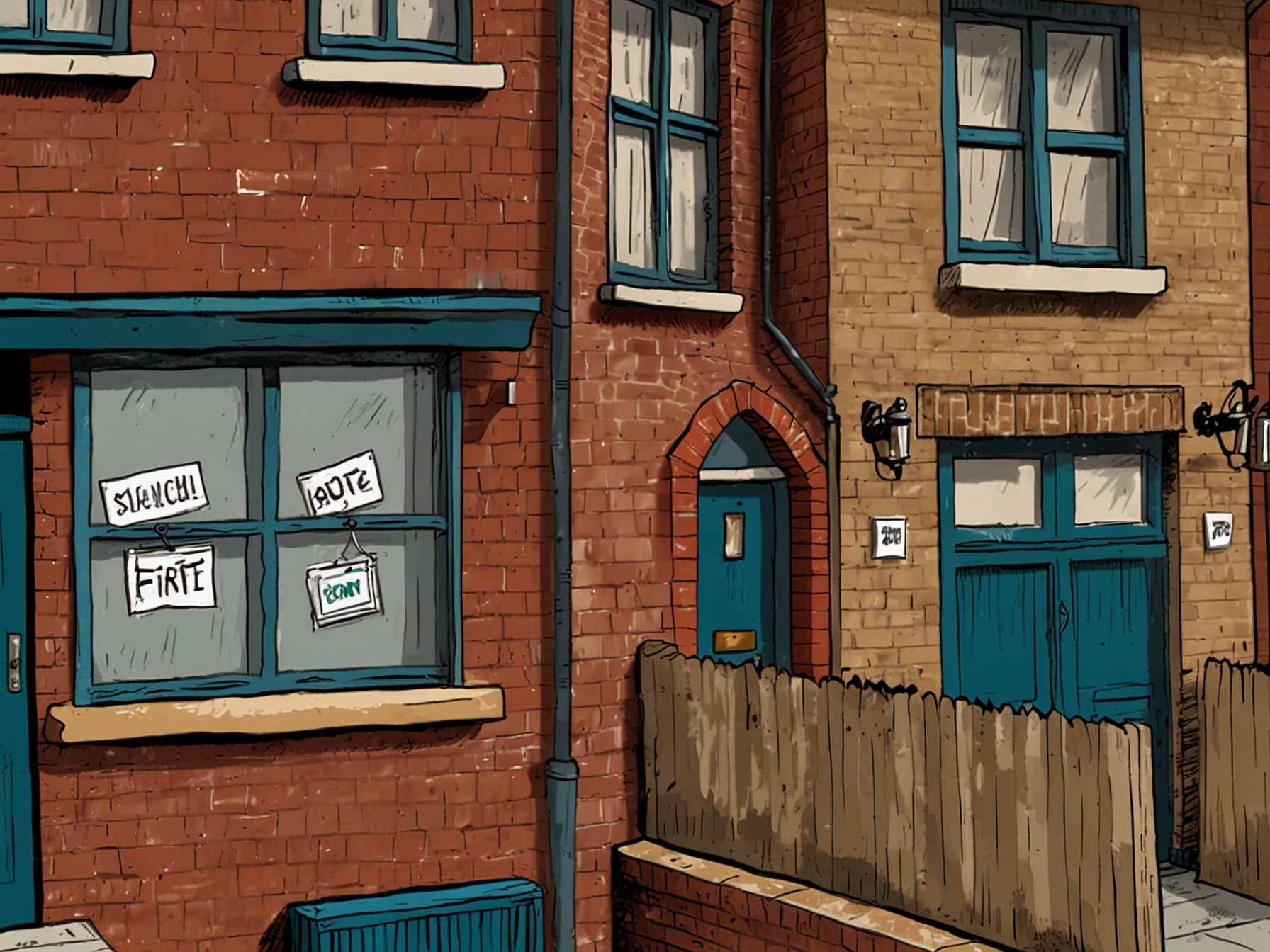Illustration of a row of houses with 'For Rent' and 'For Sale' signs, highlighting the UK's current housing market situation.