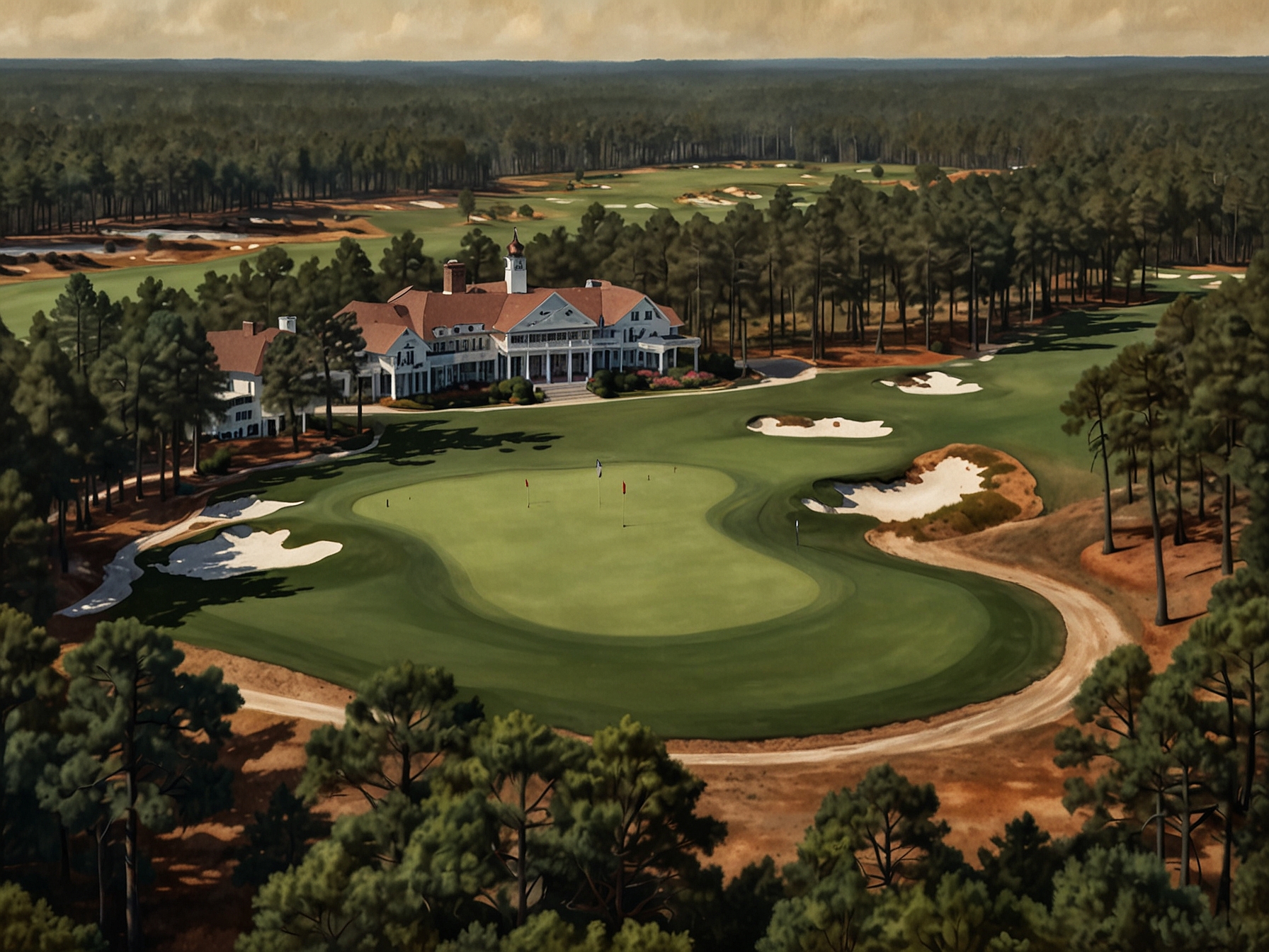 An aerial view of Pinehurst No. 2, showcasing the challenging layout and intricate design of the historic course.