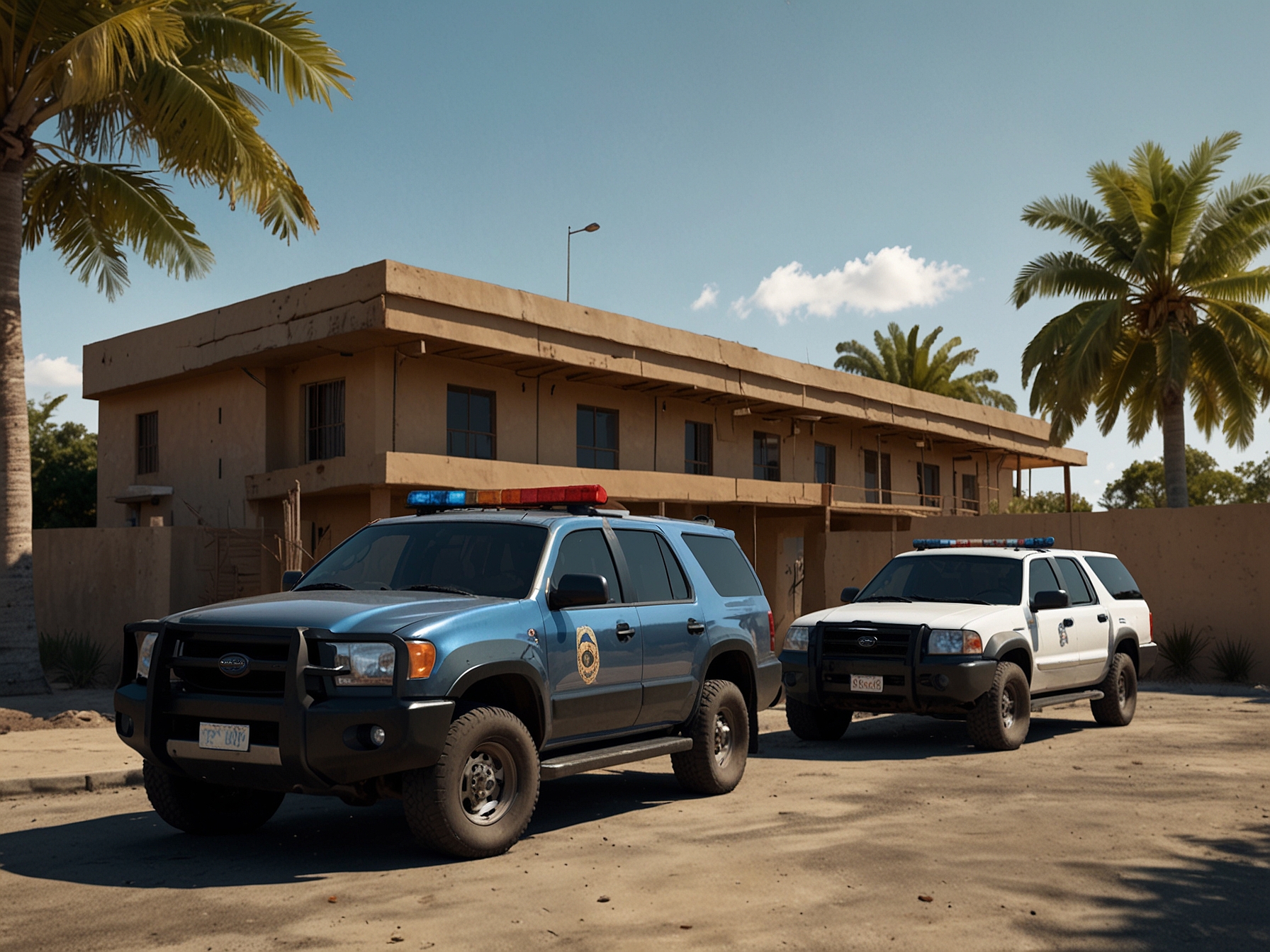 Police vehicles parked in front of an Indigenous community building, highlighting the operational aspects of the force.