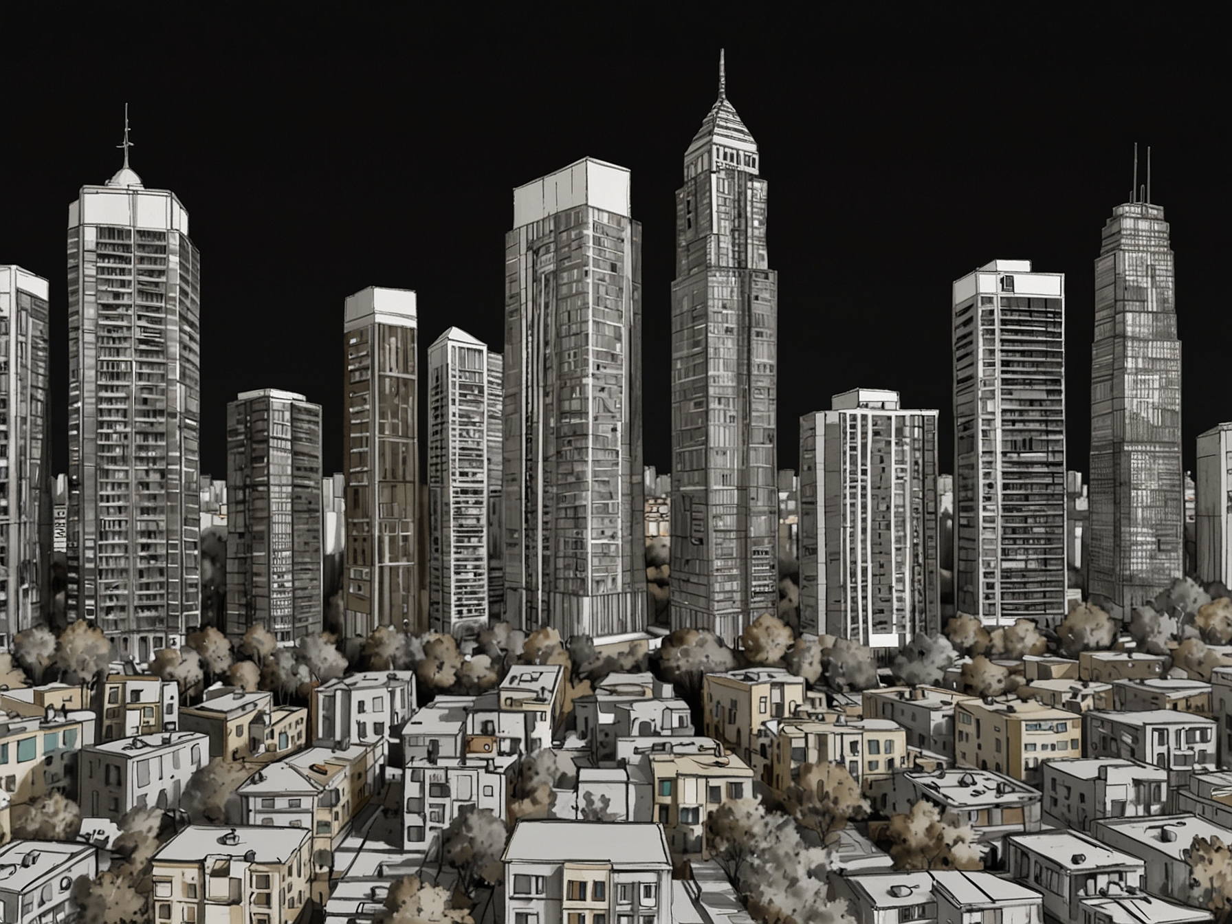 A cityscape showing a blend of high-rise buildings and affordable housing units to depict zoning inclusiveness.