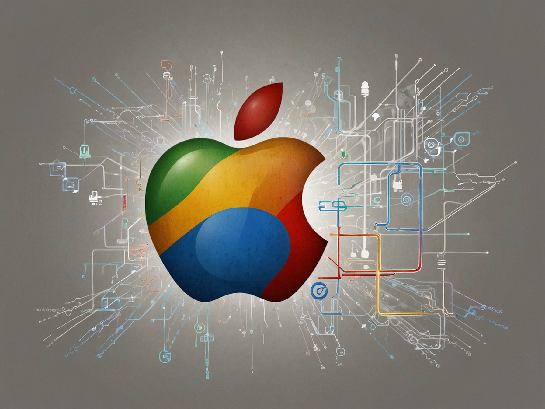An illustration showing the Apple and Google logos interconnected, symbolizing their partnership in AI computing power.