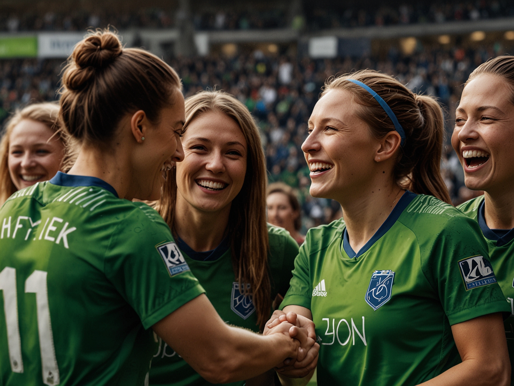 A close-up shot of the Sounders and Reign FC team members celebrating the finalized deal with a handshake and smiles.