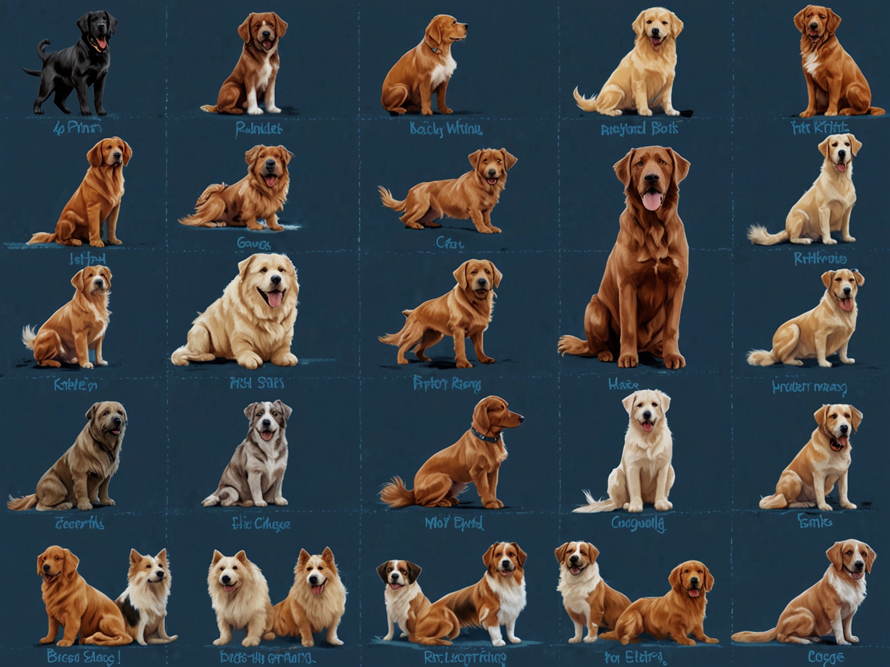 A chart illustrating the growth patterns of various fast-growing dog breeds from puppyhood to adulthood.