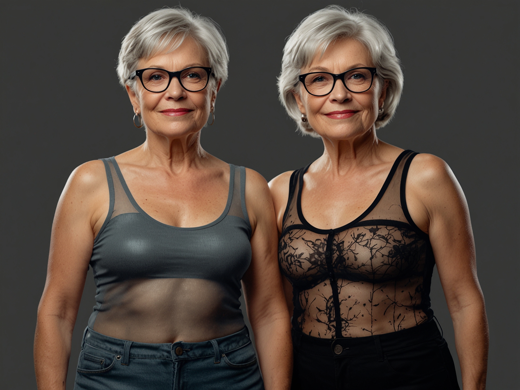 Two women in their 60s confidently posing in see-through tops, challenging societal norms about aging.