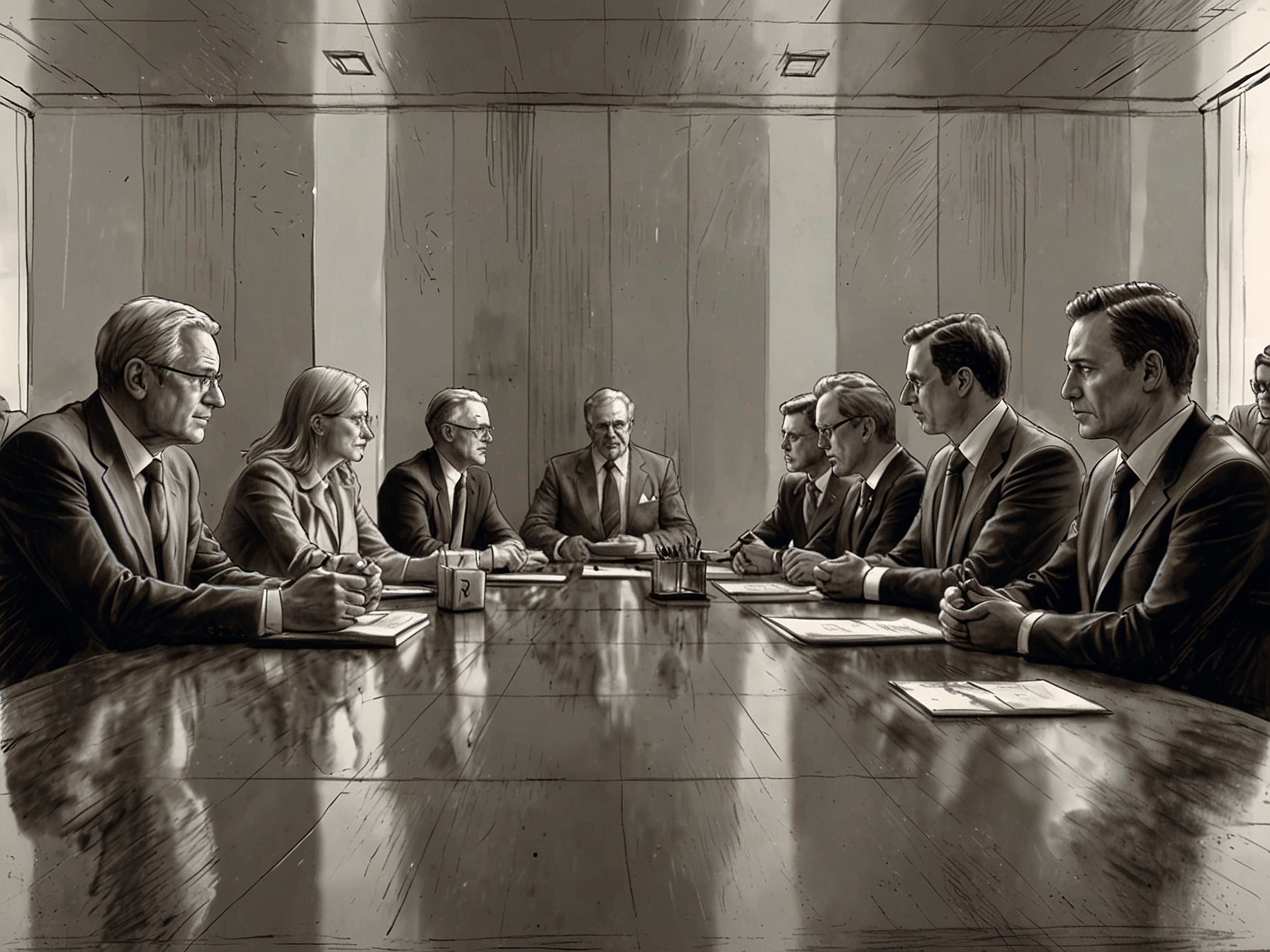 A group of elite leaders in a boardroom making important decisions that impact society.