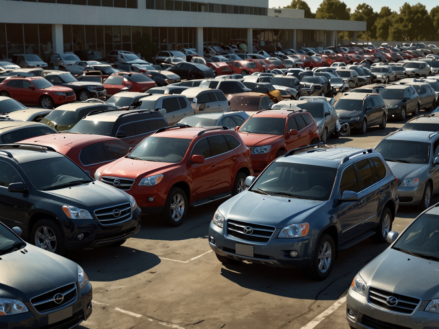 A used car lot with various SUVs, including some of the models that experts suggest avoiding due to high depreciation and reliability issues.