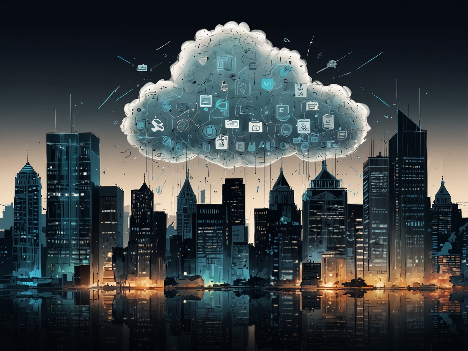 An illustration showing the integration of cloud technologies within financial services, symbolizing innovation and digital transformation.