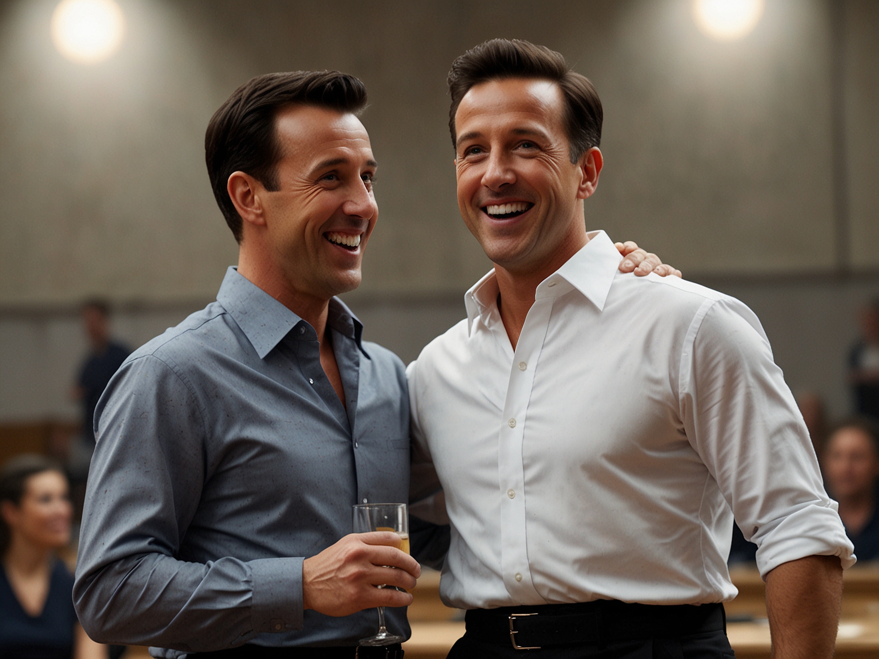 Anton du Beke and Giovanni Pernice sharing a light-hearted moment during a rehearsal, showcasing their strong bond.