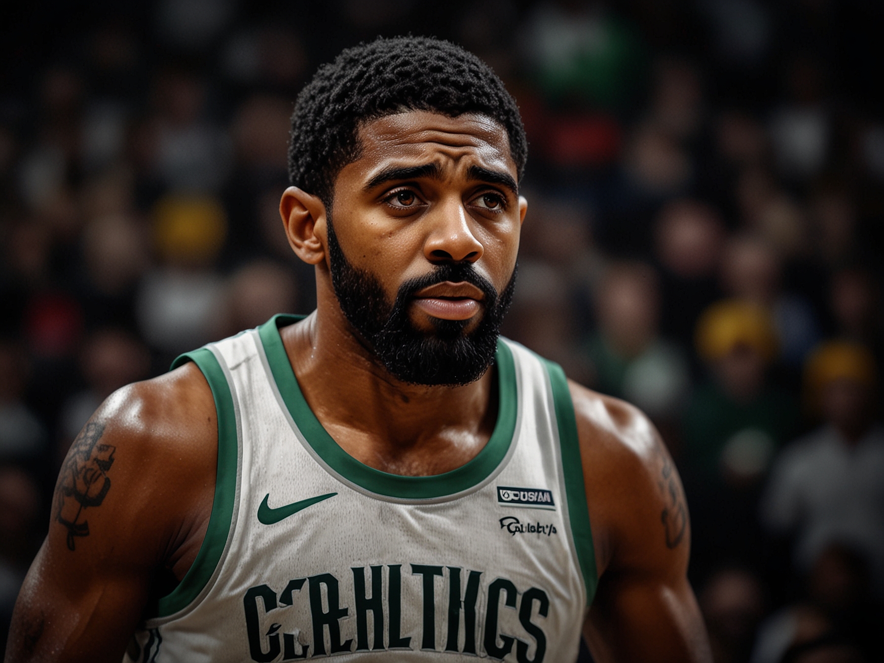 Kyrie Irving in action during an intense NBA game, determined to overcome the Boston Celtics crowd.