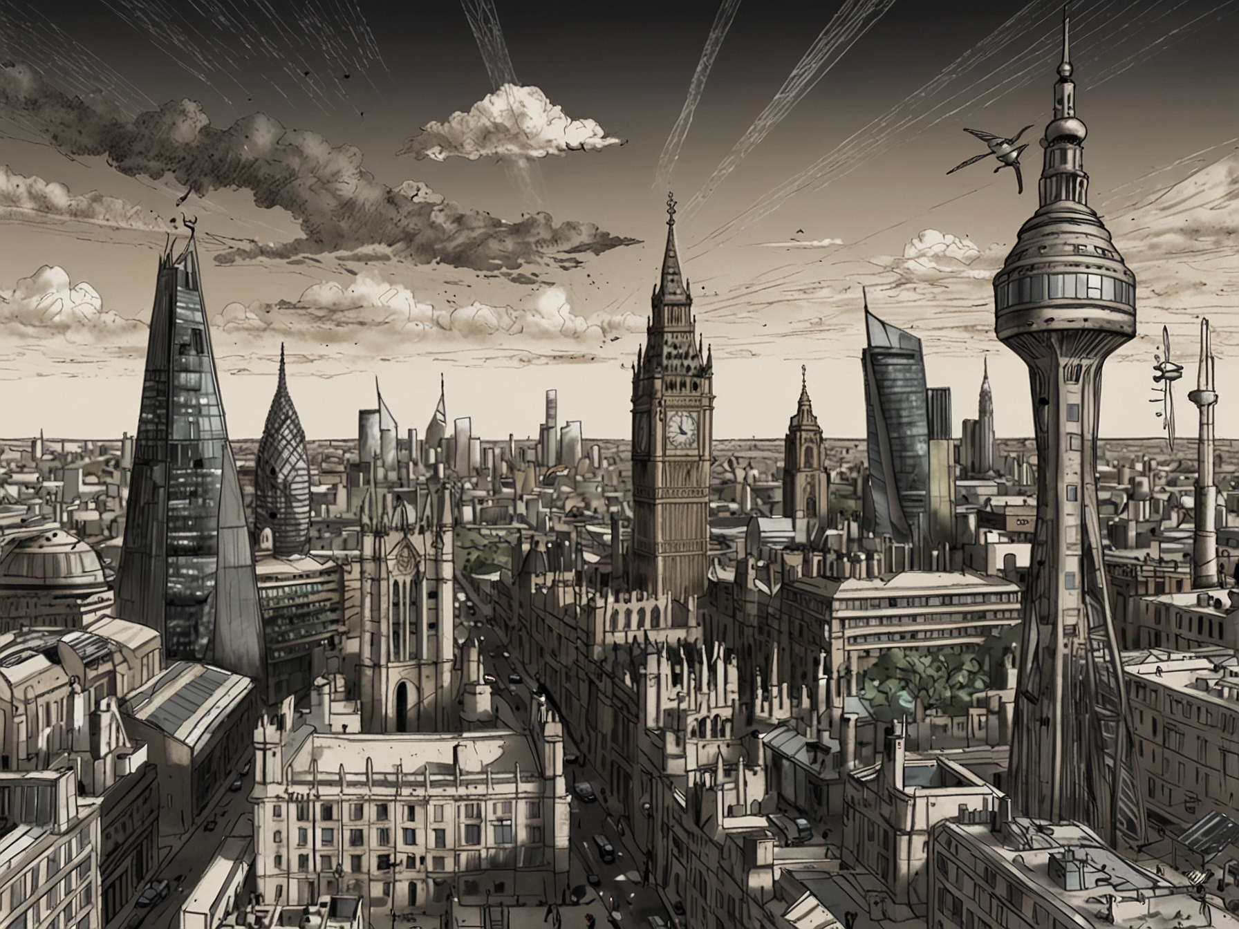 An illustration of a bustling UK cityscape, juxtaposed with renewable energy elements and symbols of law enforcement, embodying Reform UK's vision for a pragmatic and reformed nation.