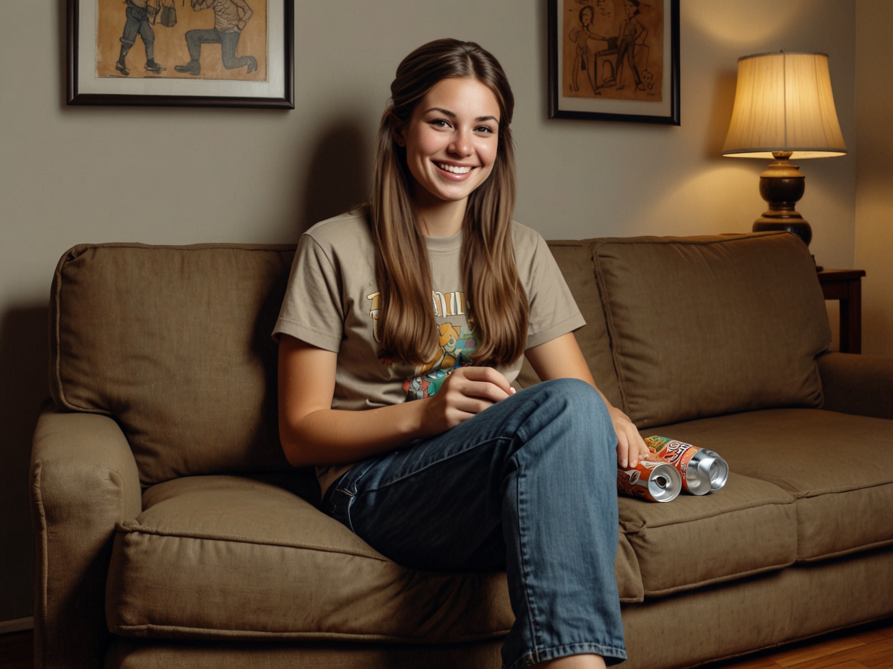 Susan Noles' 1970s throwback photo shows her sitting on a couch with long brown hair in ponytails, wearing a brown graphic tee and high-waisted jeans, holding a soda can and smiling.