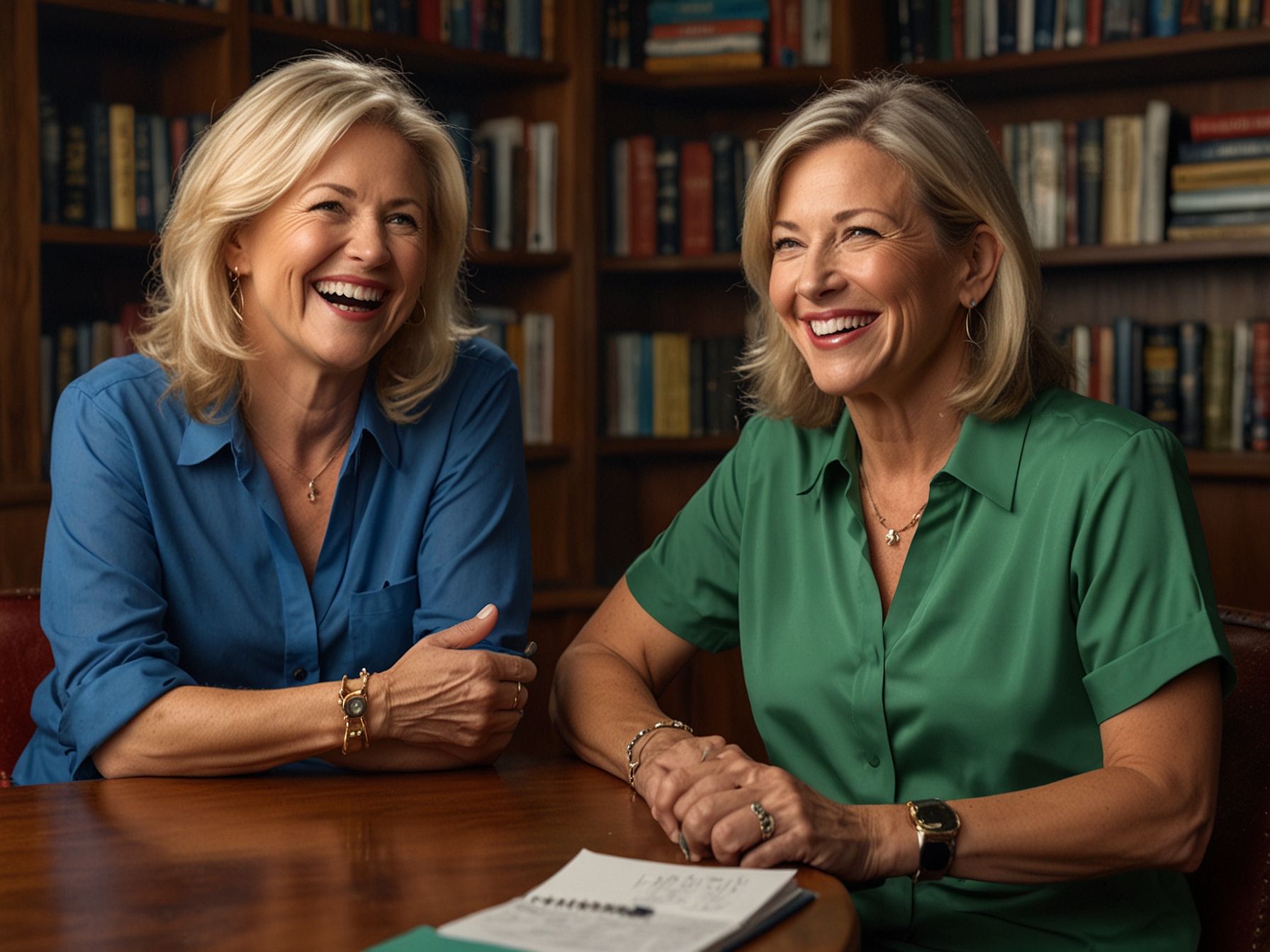 Susan Noles and Kathy Swarts share a laugh on their podcast, 'Bachelor Happy Hour: Golden Hour,' as they discuss their dating lives and preferences, bringing humor and candor to their listeners.