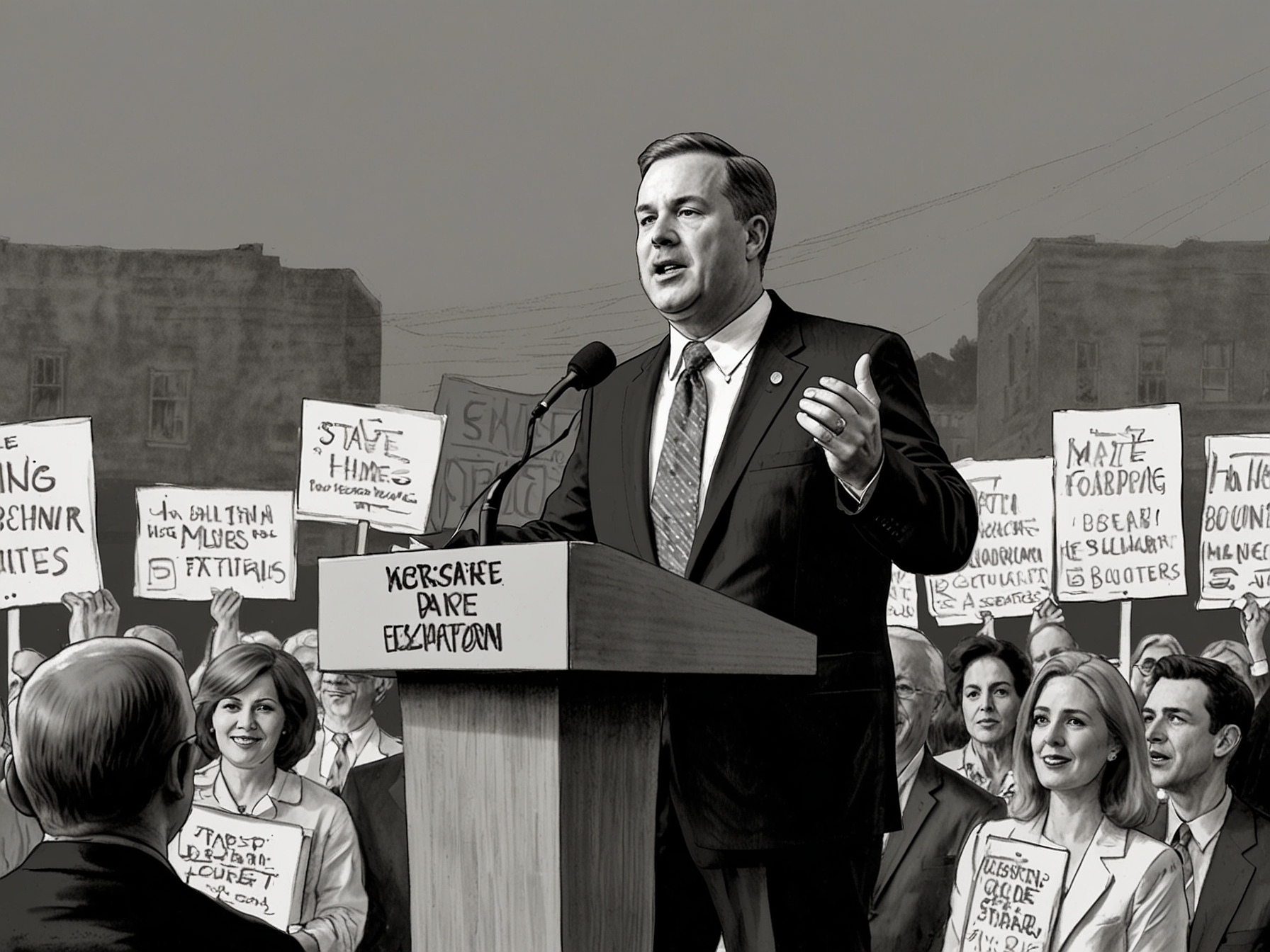 State Senator John McGuire speaking at a campaign rally, highlighting his firm support for Israel and other Republican legislative priorities, with supporters in the background waving campaign signs.
