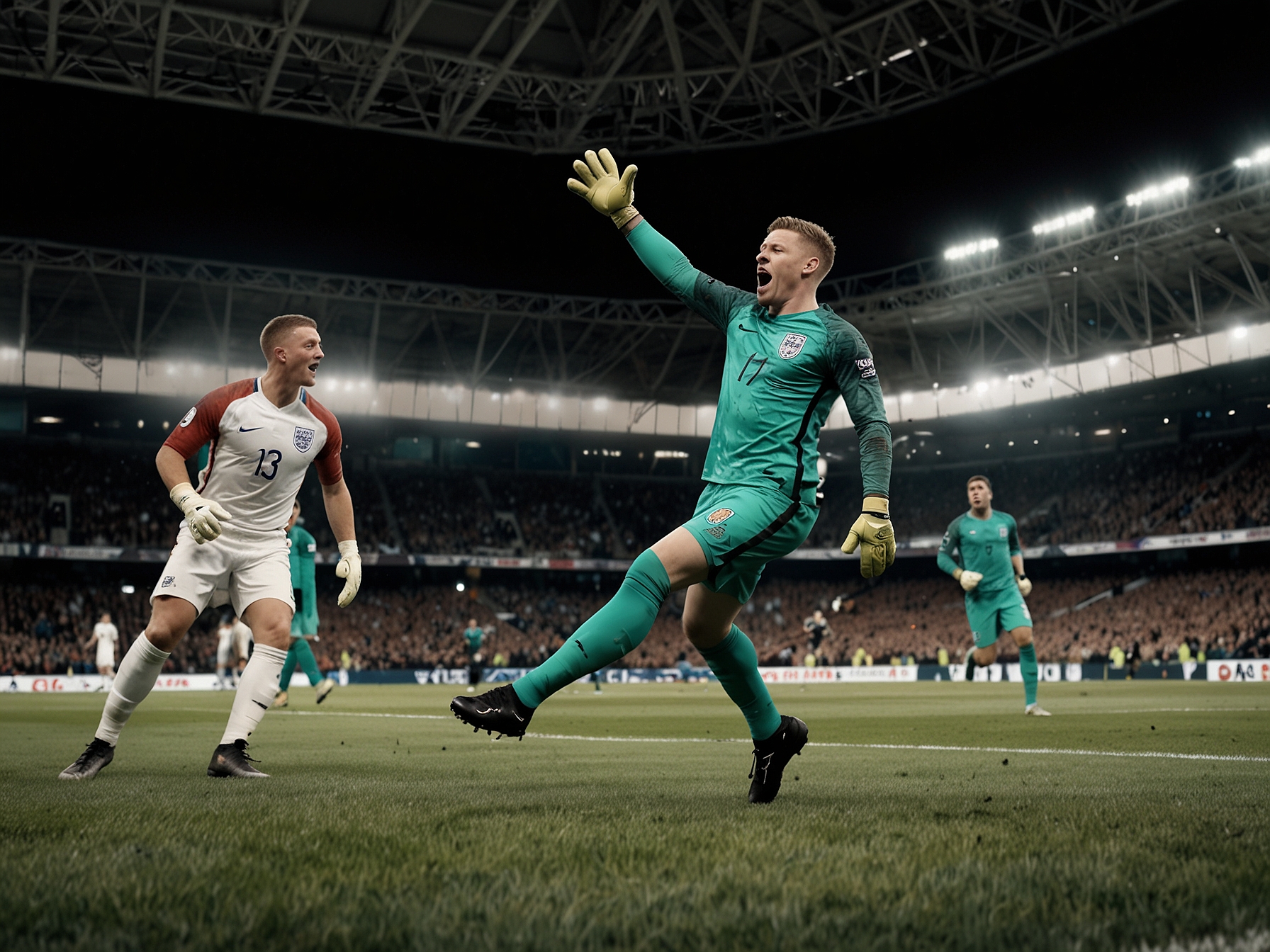 England's goalkeeper Jordan Pickford making a crucial save in the second half to maintain England's lead, showcasing the team's defensive resilience and unity.