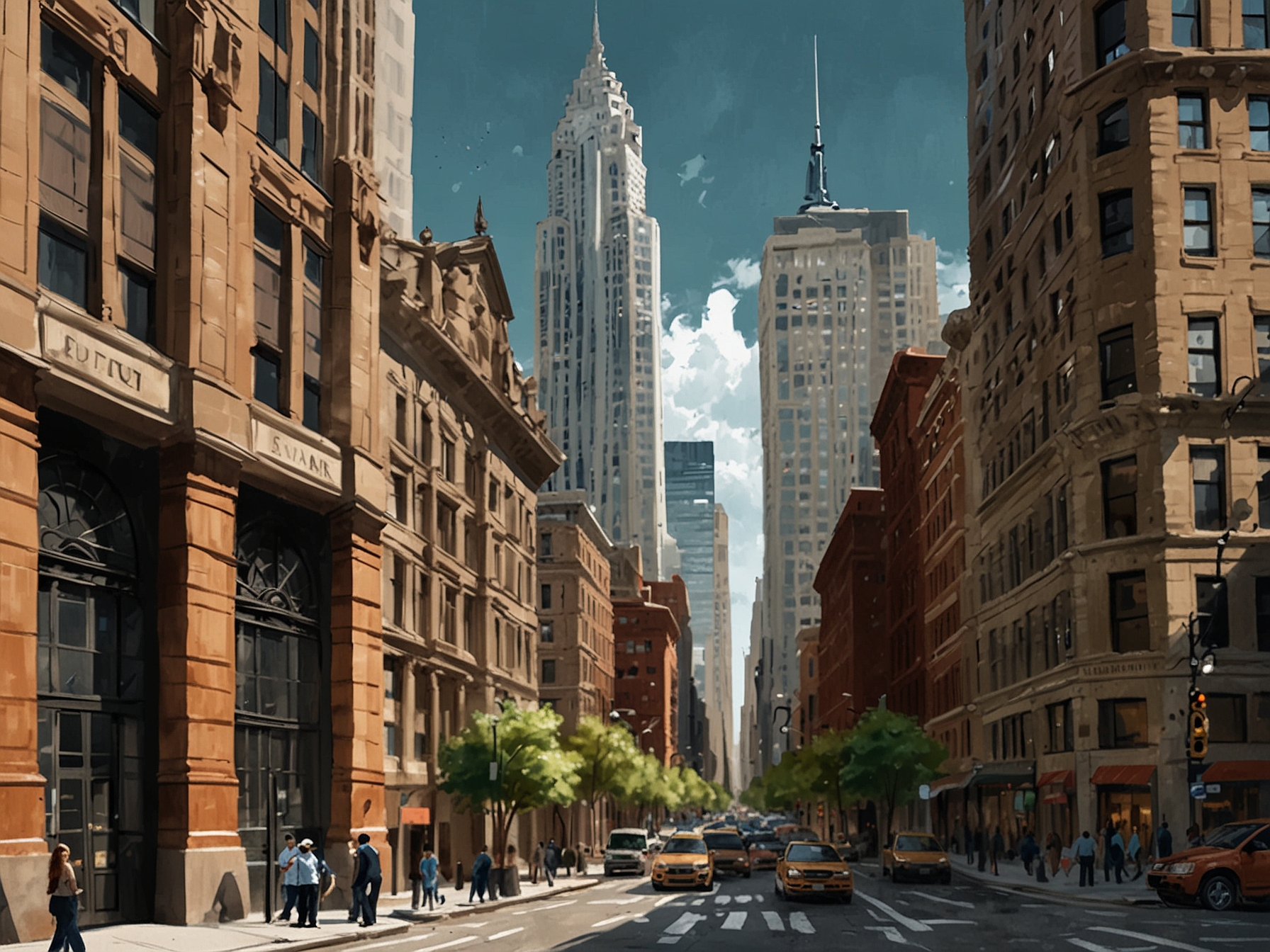 An illustration showcasing a downtown financial district with a focus on midsize company offices, emphasizing the strategic partnership between these firms and major Wall Street banks.