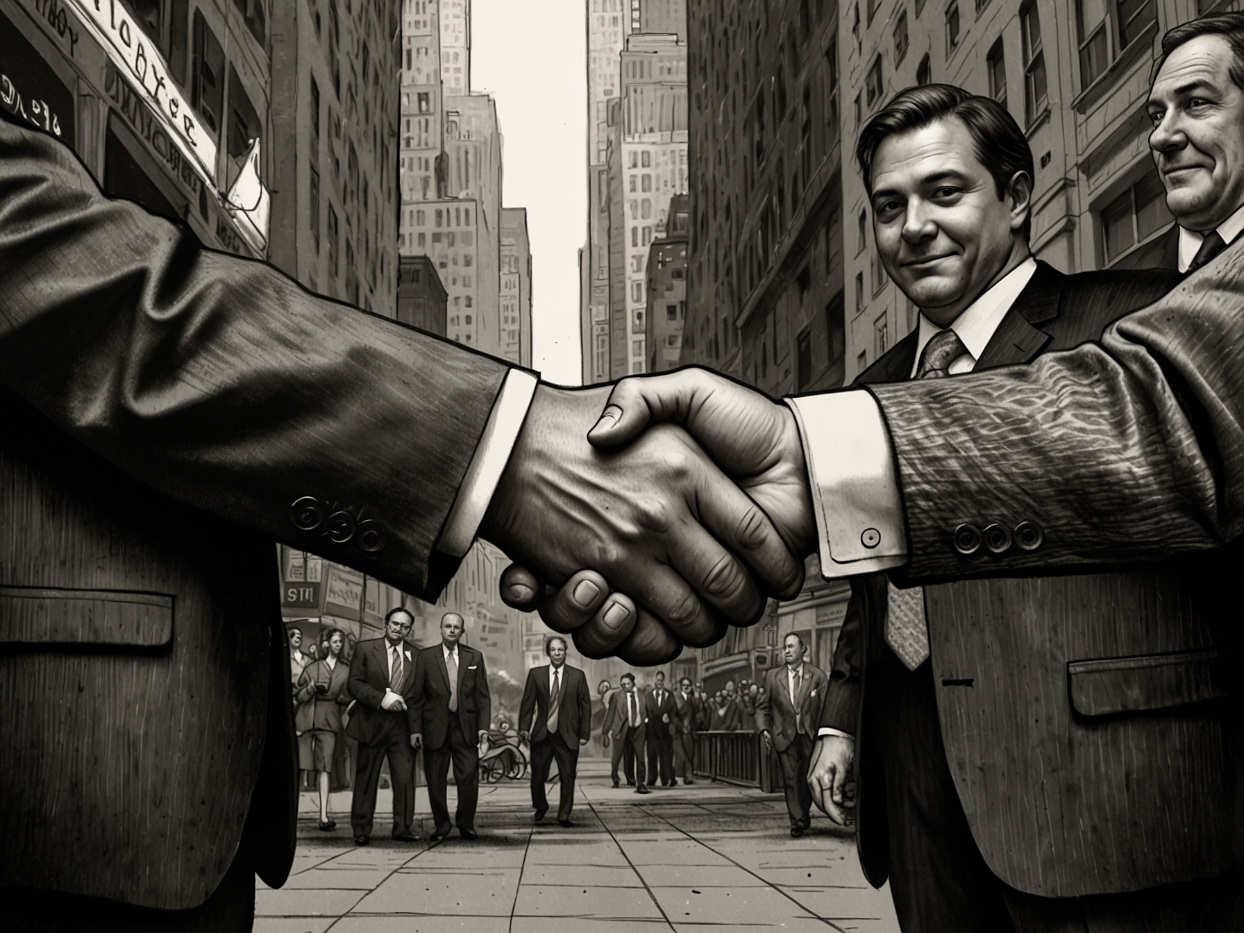 A graphic depicting a handshake between representatives of a Wall Street megabank and a midsize company, symbolizing the lucrative and symbiotic relationship fostered through financial advisory services.